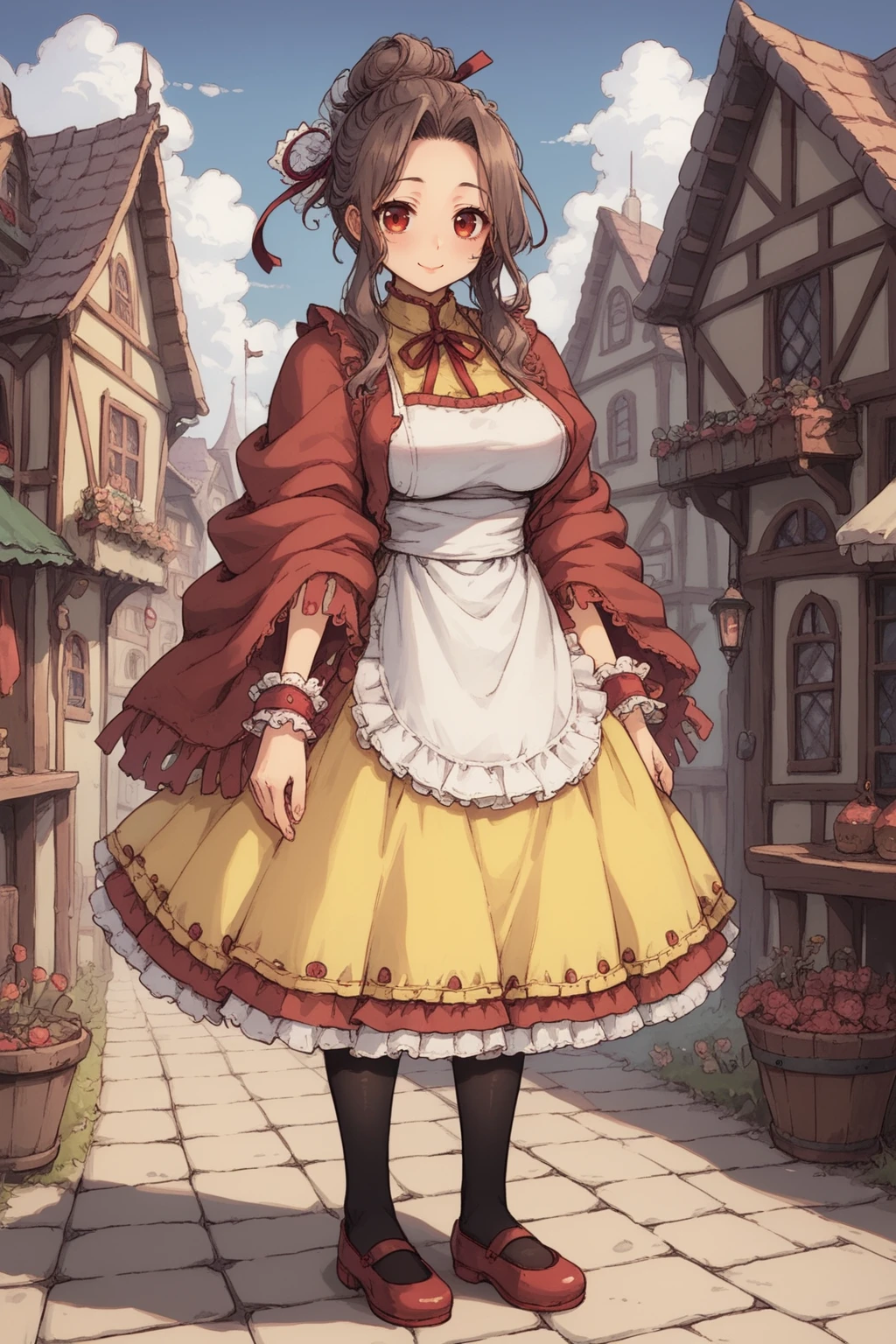 score_9, score_8_up, score_7_up, score_6_up, source anime, BREAK, <lora:Mistel:0.7> , misdef, 1girl, long hair, brown hair, red eyes, hair bun, hair ribbon, ribbon, dress, yellow skirt, frilled cuffs, red shawl, white apron, apron, black pantyhose, red shoes, full body, looking at viewer, smile, happy, mommy, motherly, closed mouth, serene, large breasts, (mature woman), <lora:zy_Detailed_Backgrounds_v1:0.3> , detailed background, highly detailed,  exterior, town, village,  <lora:d4rkpurpXLP:0.6> , d4rkpurp, (solo),