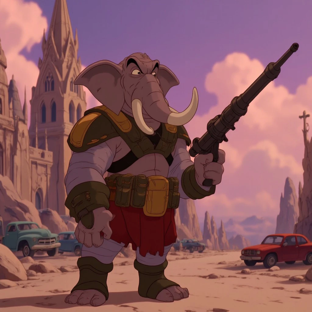 egdisney A anthropomorphic elephant warrior, holding a futuristic weapon, standing in front of a destroyed church, battle scars, scratches, heroic pose, menacing look, pouches, egmid, bandages, abandon vehicles on the road