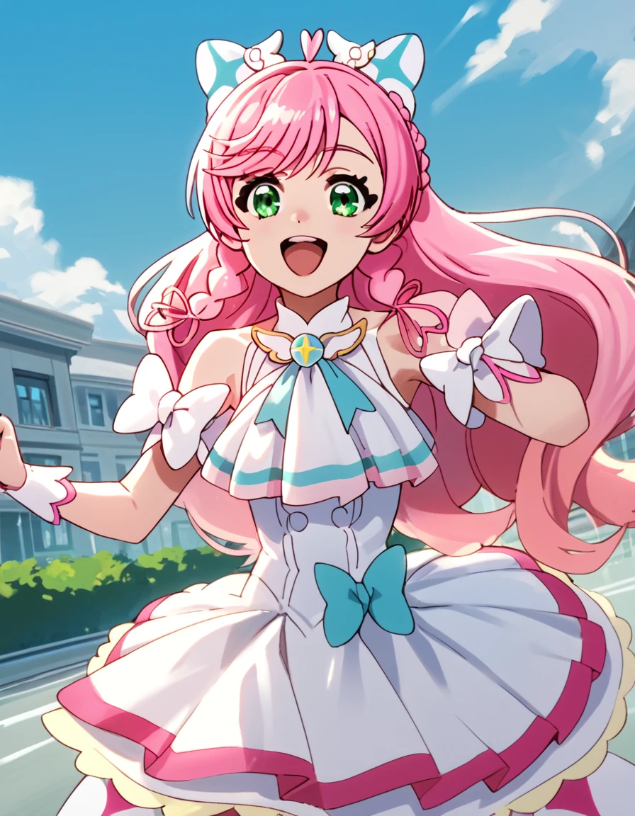 CurePrism, long hair, green eyes, pink hair, braid, ahoge, magical girl,  <lora:SoaringSkyPrettyCure:1>, score_9, score_8_up, score_7_up, score_6_up, score_5_up, score_4_up, source_anime,  , dynamic pose, outside, happy