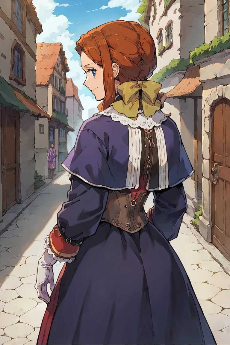 score_9,score_8_up,score_7_up,source_anime,Medieval streets,from behind,labryna,bow,brown_hair,blue_eyes,gloves,smile,<lora:labryna8:0.8>,