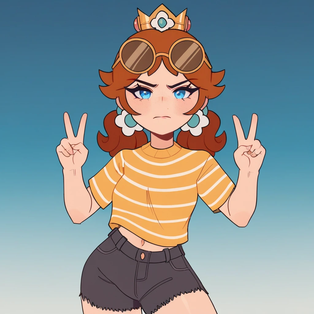 score_8_up, BREAK, PrincessDaisy, 1girl, solo, brown hair, twintails, blue eyes, crown, earrings, eyewear on head, looking at viewer, striped shirt, shorts, cowboy shot, double v, blue gradient background,,  <lora:PrincessDaisy_cremanata_PXL_Leaf1:0.8>, closed mouth,