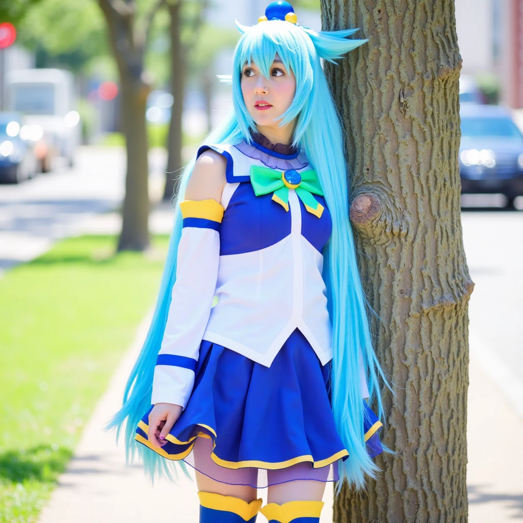 Aqua is a character dressed in a blue and white cosplay outfit. She has long,vibrant blue hair and is seen leaning against a tree with her hand on its trunk. Her outfit consists of a blue skirt,a white top with blue and yellow accents,and knee-high blue boots. She is also wearing a yellow and blue headband. Her expression appears to be one of surprise or mild distress,and the background shows a city street with cars and buildings.,1girl,solo,long hair,skirt,shirt,hair ornament,thighhighs,bare shoulders,blue hair,boots,outdoors,detached sleeves,day,tree,blue skirt,thigh boots,blue shirt,thighhighs under boots,photo background,aqua (konosuba)

