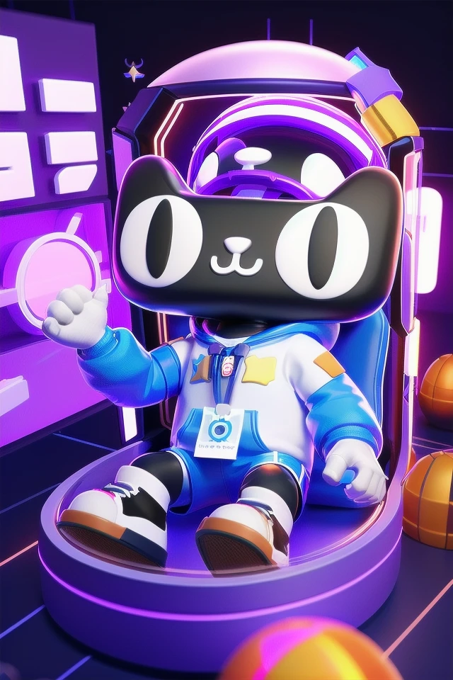 tianmao0623,black cat,masterpiece,best quality,Rich details,C4D modeling,octane render,Astronaut,floating in space,claw machine,in space,star,happy,blue-purple light,playing games,clear oxygen helmet,glowing hoodie,shorts,sneakers,<lora:ali0721-000008:1>,