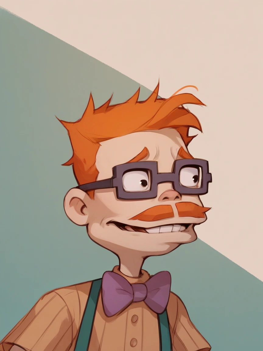 score_9, score_8_up, score_7_up, score_6_up, score_5_up,  <lora:chasfinsterXLP:1> chas finster, 1boy, bowtie, glasses, mustache, orange hair,