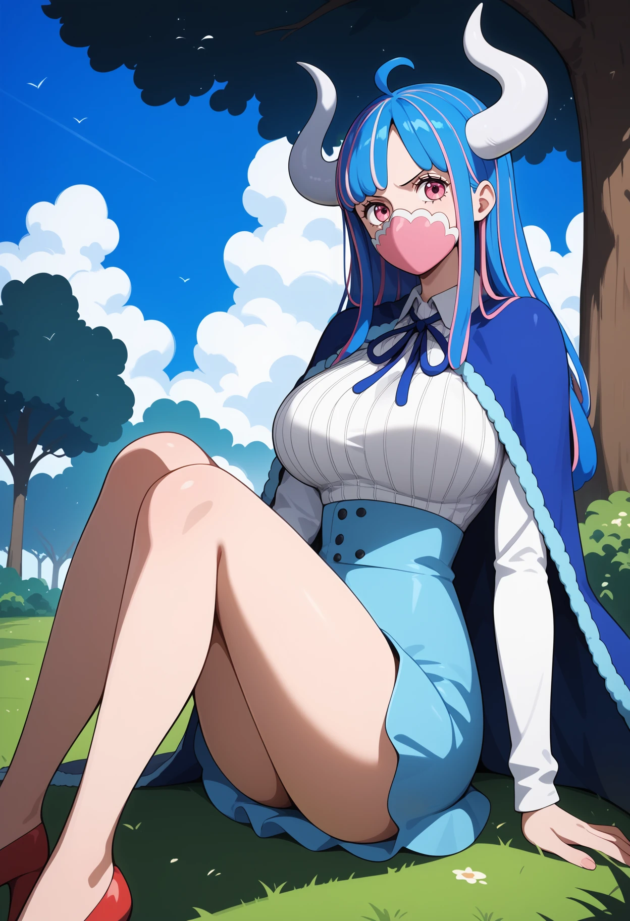 score_9, score_8_up, score_7_up, score_6_up, score_5_up, score_4_up, source_anime, aaulti, long hair, multicolored hair, blue hair, ahoge, horns, pink eyes, mouth mask, pink mask, large breasts, blue cape, neck ribbon, ribbed shirt, white shirt, long sleeves, high-waist skirt, blue skirt, <lora:ulti_(one_piece)_ponyxl_v1:0.9>, sitting, on floor, high heels, red footwear, grass, tree,