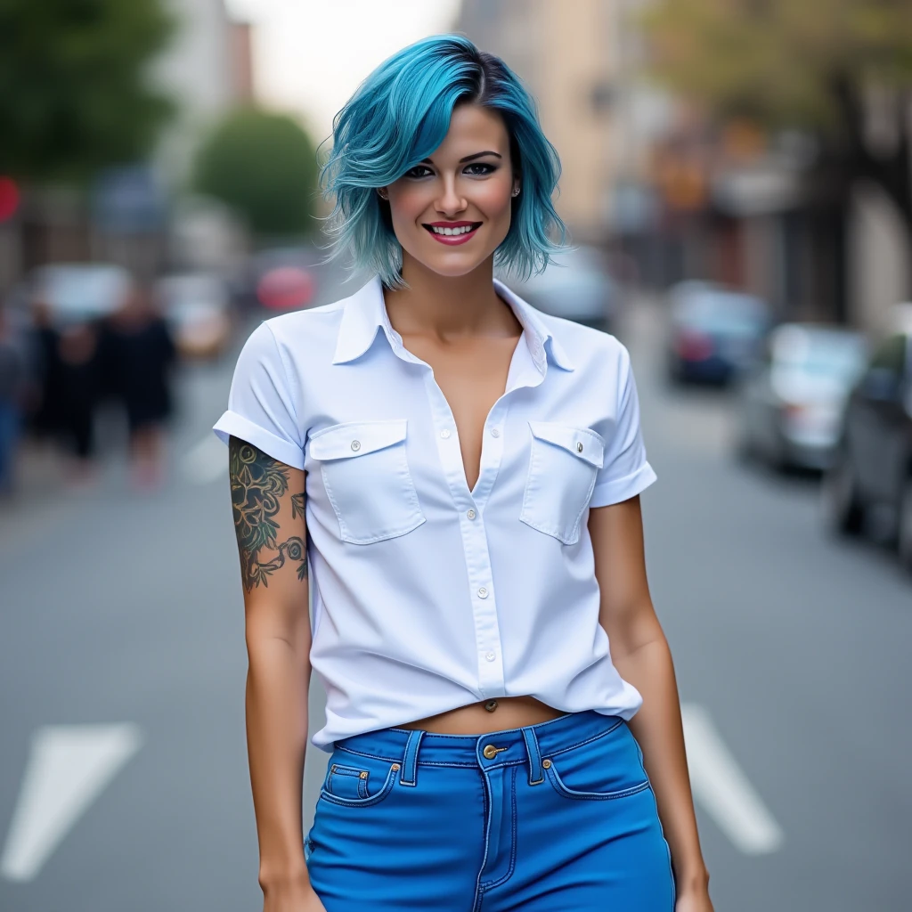 L1t4_WWE, at the center of the picture, wearing a white shirt and a blue pants. She is on the street, smiling at the camera and has short blue hair