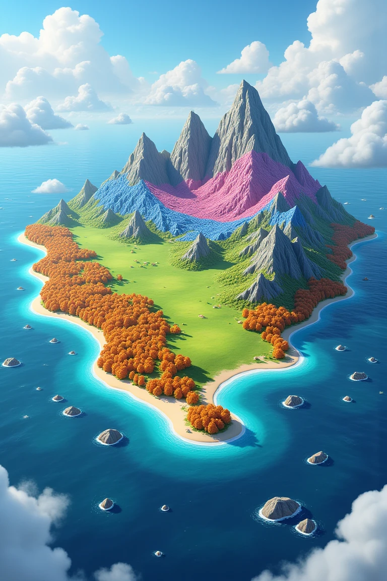 4seasonaerial, island surrounded by water. There are green plains, hills, orange trees, few frozen mountains and grass in the shades of pink, red, and blue. The island has two regions, one is lower while the other is elevated.