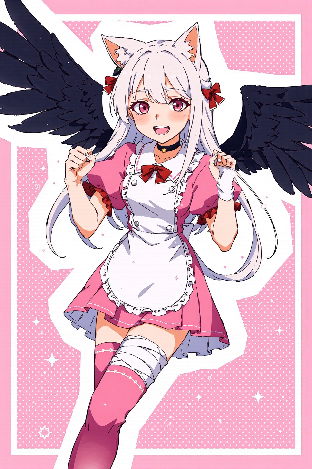 <lora:mistoonanime_flux:0.8>
inzaniak,1girl,solo,highres,absurdres,pink dress,:d,cowboy shot,black wings,animal ears,frilled sleeves,puffy sleeves,asymmetrical legwear,single horizontal stripe,red eyes,hair between eyes,apron,neck ribbon,low wings,black choker,single thighhigh,frills,tongue,white outline,polka dot background,long hair,polka dot,outline,white border,outside border,head wings,border,sasucchi95,round border,bandages,blush,animal ear fluff,cat ears,wings,dress,drill hair,thighhighs,bandaged leg,1girl,art trade,white apron,twin drills,looking at viewer,pink thighhighs,white hair,bandaged wrist,frilled apron,petticoat,fake animal ears,red ribbon,smile,teeth,upper teeth only,choker,simple background,short sleeves,hands up,clenched hands,open mouth,solo,puffy short sleeves,bow choker,ribbon,pink background