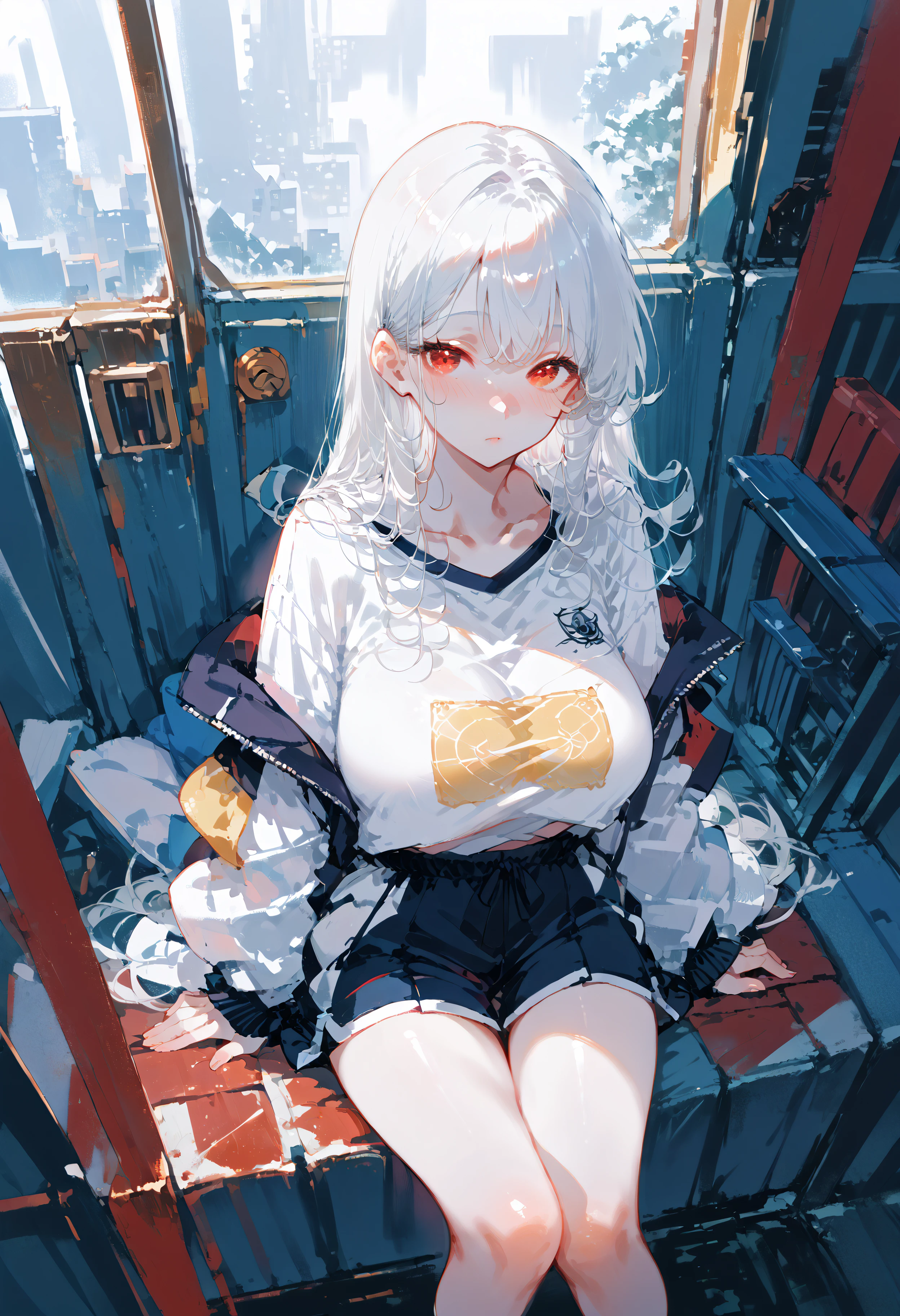 score_9, score_8_up, score_7_up, best quality, source_anime BREAK, 1girl, white hair, long hair, bangs, red eyes, pale skin, blush, large breasts, streetwear, baggy clothes, :o, from above, sitting, <lora:PastelMix:1>