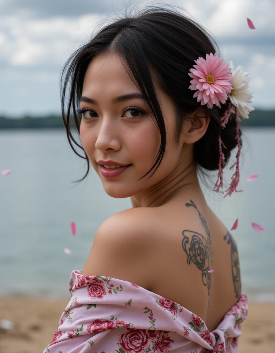 Japanese teenage girl, floral kimono, exposed shoulders, from behind, beautiful face, thick eyelashes, glossy eyes, black hair, (cute smile), dark eyeshadow, shoulders tattoos, back tattoos, floral decoration in hair, falling petals, beautifully backlit, wideshot, lake background,photo, raw,realistic