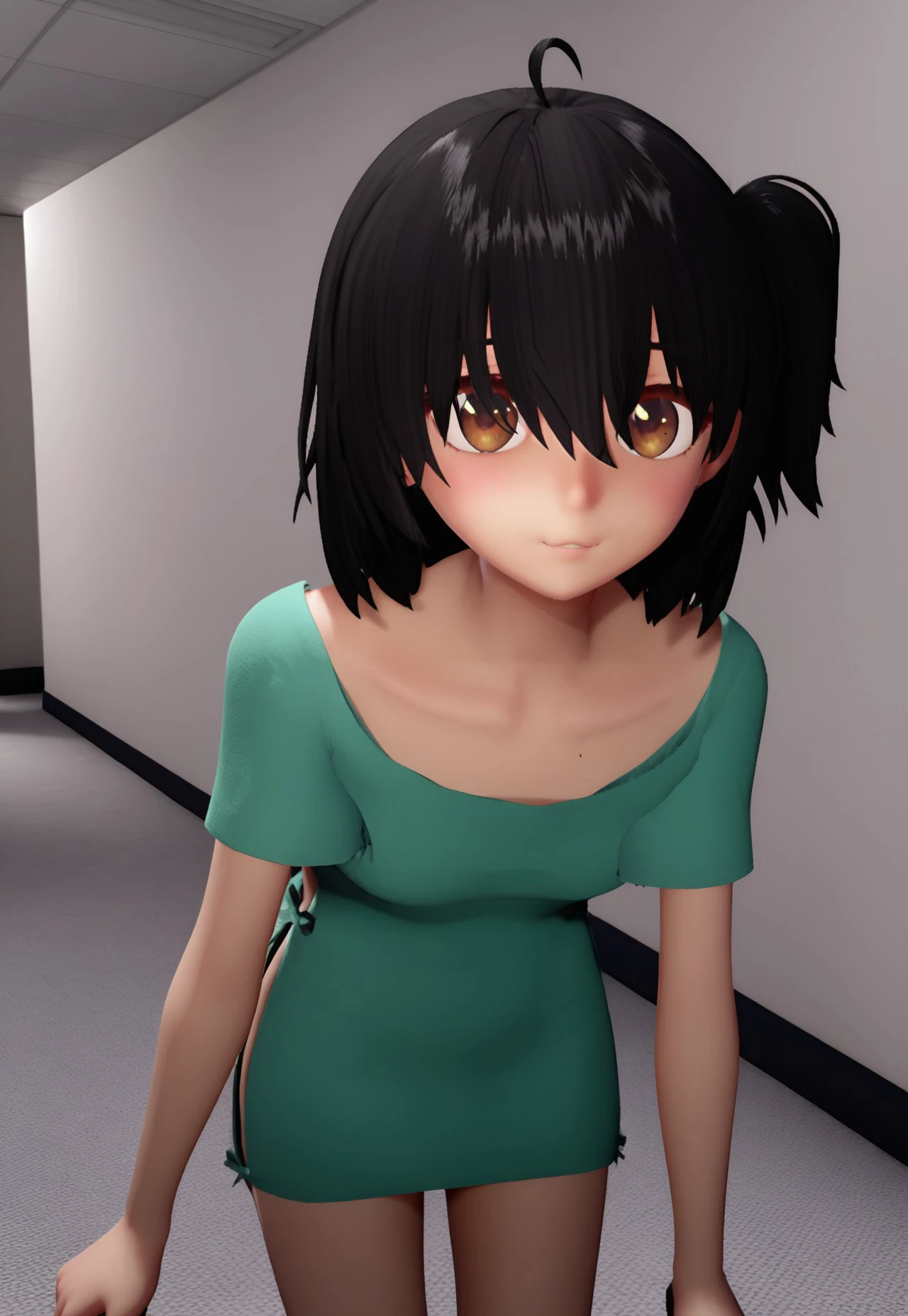 score_9, score_8_up, score_7_up, score_6_up, source anime, 1girl, 3d, DYSTHANASIA, brown eyes, black hair, short hair, side ponytail, bangs, hair between eyes, ahoge, blush, green dress, hospital gown, short sleeves, collarbone, mole, bare legs, barefoot, big eyes, standing, close up, cowboy shot, upper body, beautiful eyes