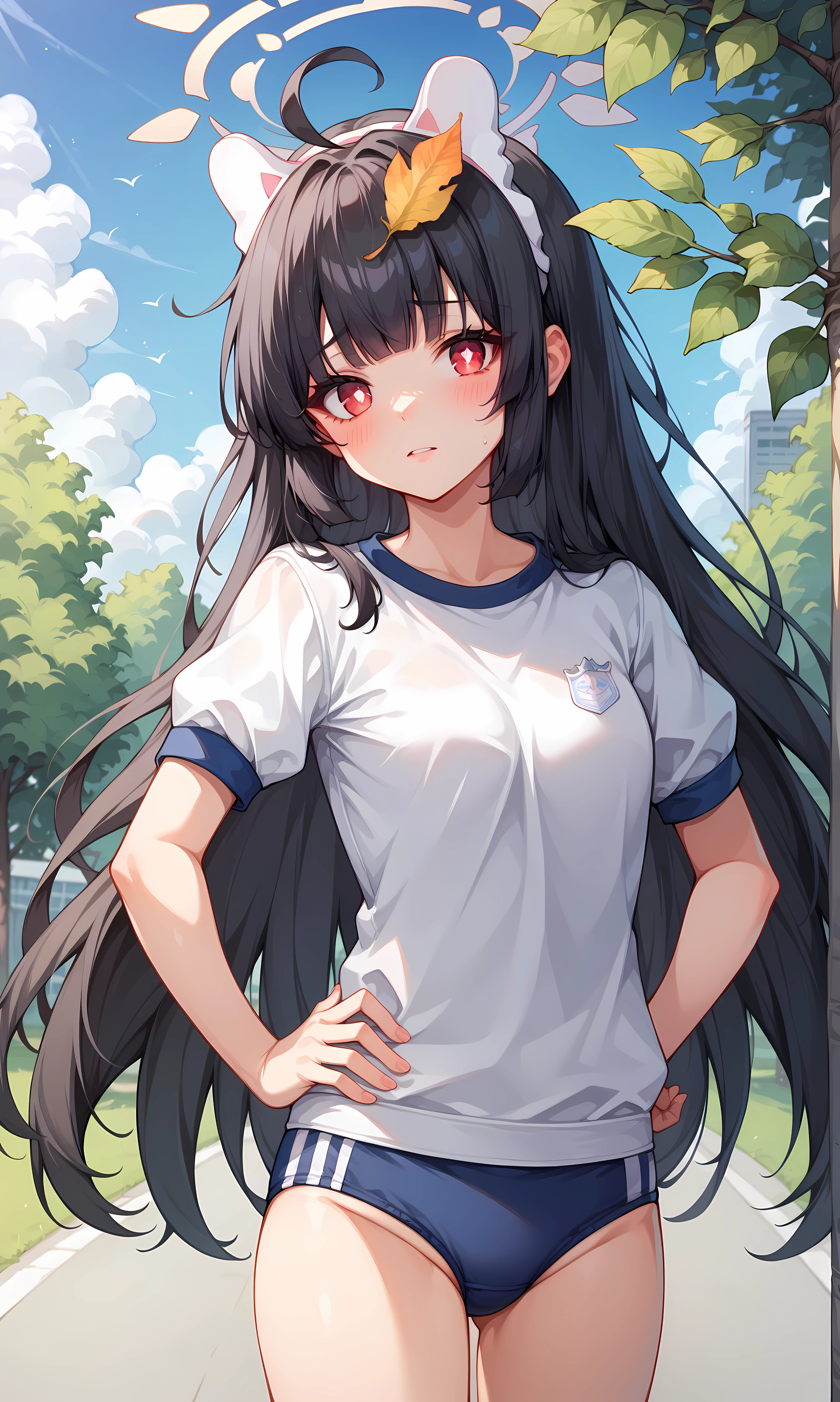 score_9, score_8_up, score_7_up, BREAK source_anime, 1girl, solo, outdoors, park, cowboy shot, looking at viewer, miyu, red eyes, white pupils, black hair, long hair, blunt bangs, ahoge, leaf on head, fake animal ears, halo, white shirt, short sleeves, gym uniform, buruma, hands on hip 