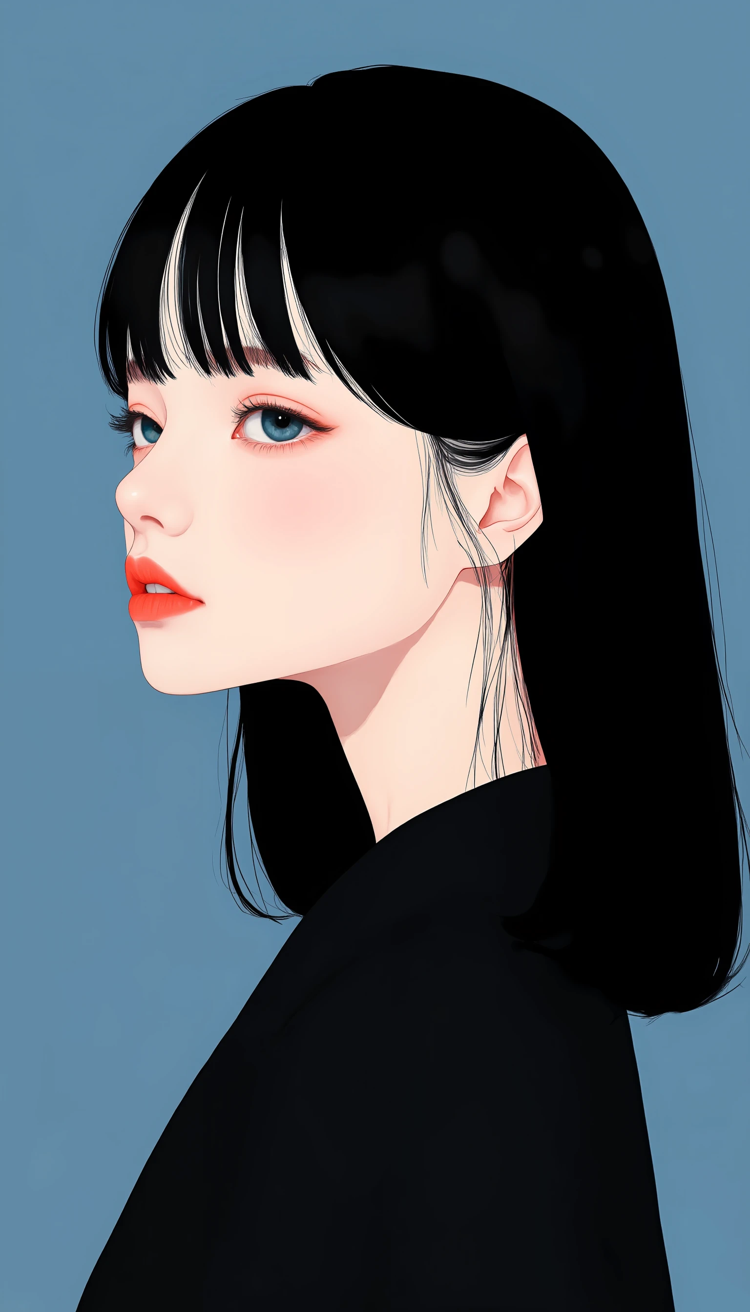 This is a fantasy-themed illustration featuring a colorful and minimalistic style. The focus is on a cute Japanese girl, embodying the kawaii aesthetic often seen in idols, with an innocent and simple appearance. The artwork emphasizes clean lines, smooth curves, and sleek contours, with bold outlines, crisp shapes, and sharp edges. It is designed in a fashion editorial style, merging high fashion with a trendy, stylish, and professional look. The overall composition is uncluttered, balancing simplicity with high detail, and presented in a way that mirrors the aesthetics of a fashion magazine. A minimalistic illustration of a beautiful girl with a gentle smile, shown in profile, wearing a cute hat that looks like something inspired by adorable animals, delicious fruits, or whimsical sweets from Wonderland. Her long black hair contrasts beautifully with the contemporary and pop patchwork design of her outfit. The indigo and golden-yellow colors of her hat and clothes create a modern, eye-catching contrast. A minimalistic portrait of a beautiful woman with elegant, melancholic eyes that exude deep contemplation, captivating anyone who gazes upon them. Her slightly pale, flawless white skin and long, jet-black hair resemble that of a traditional Japanese doll, while her slightly parted lips, like rose petals, add to her allure. She is dressed in a refined and modern mustard-colored turtleneck sweater, featuring a minimalist design that enhances her graceful appearance. <lora:Midjourney_Whisper_Minimal:1>,