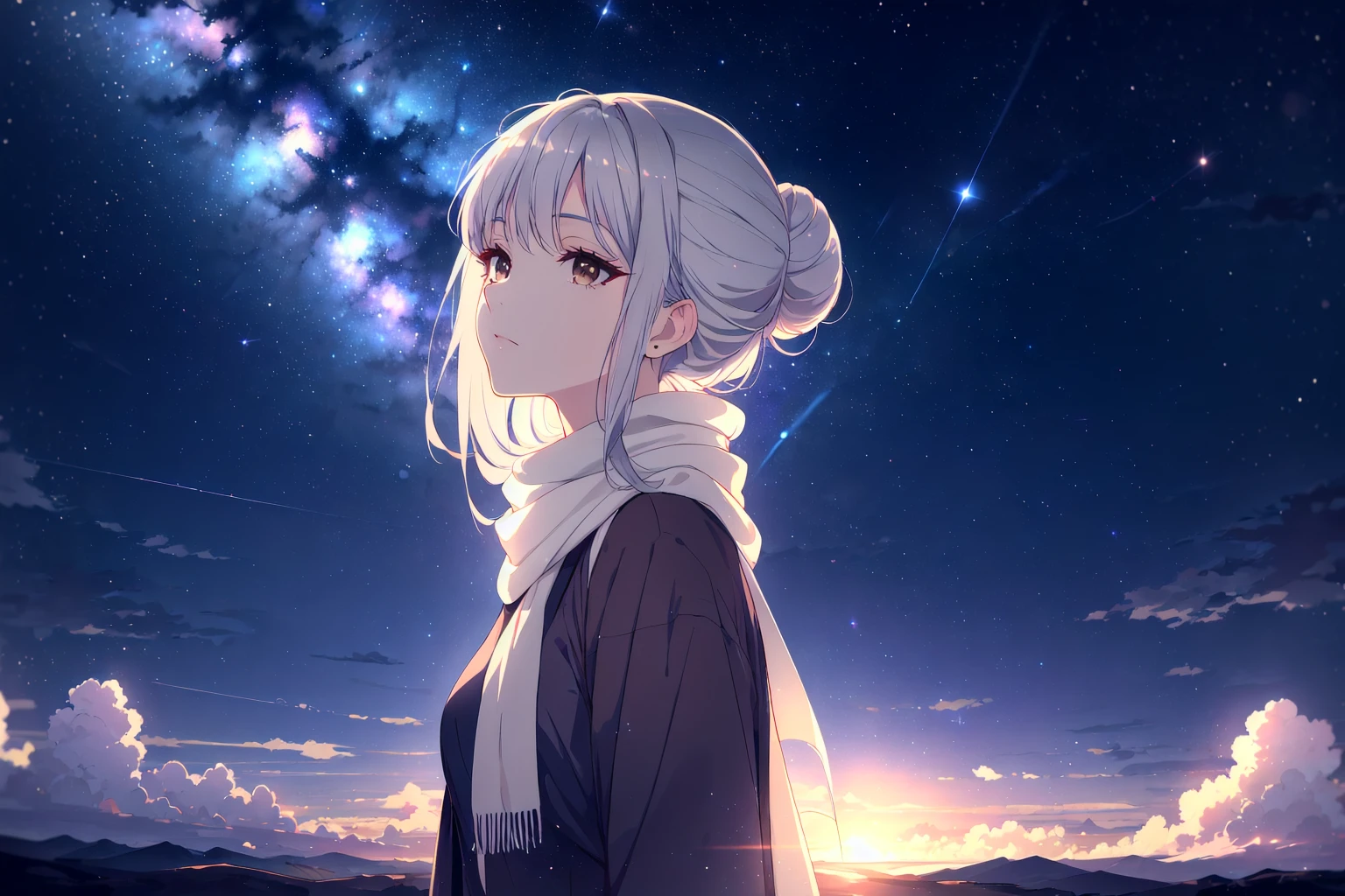 close view,
beautiful person, solo, Long hair with scarf wrapped bun, ash grey hair, brown eye,
shining sky, vast world, gazing, awe-inspiring expression, distant horizon, clouds, high hill, natural beauty, inspiration, night sky, Shining Stars,