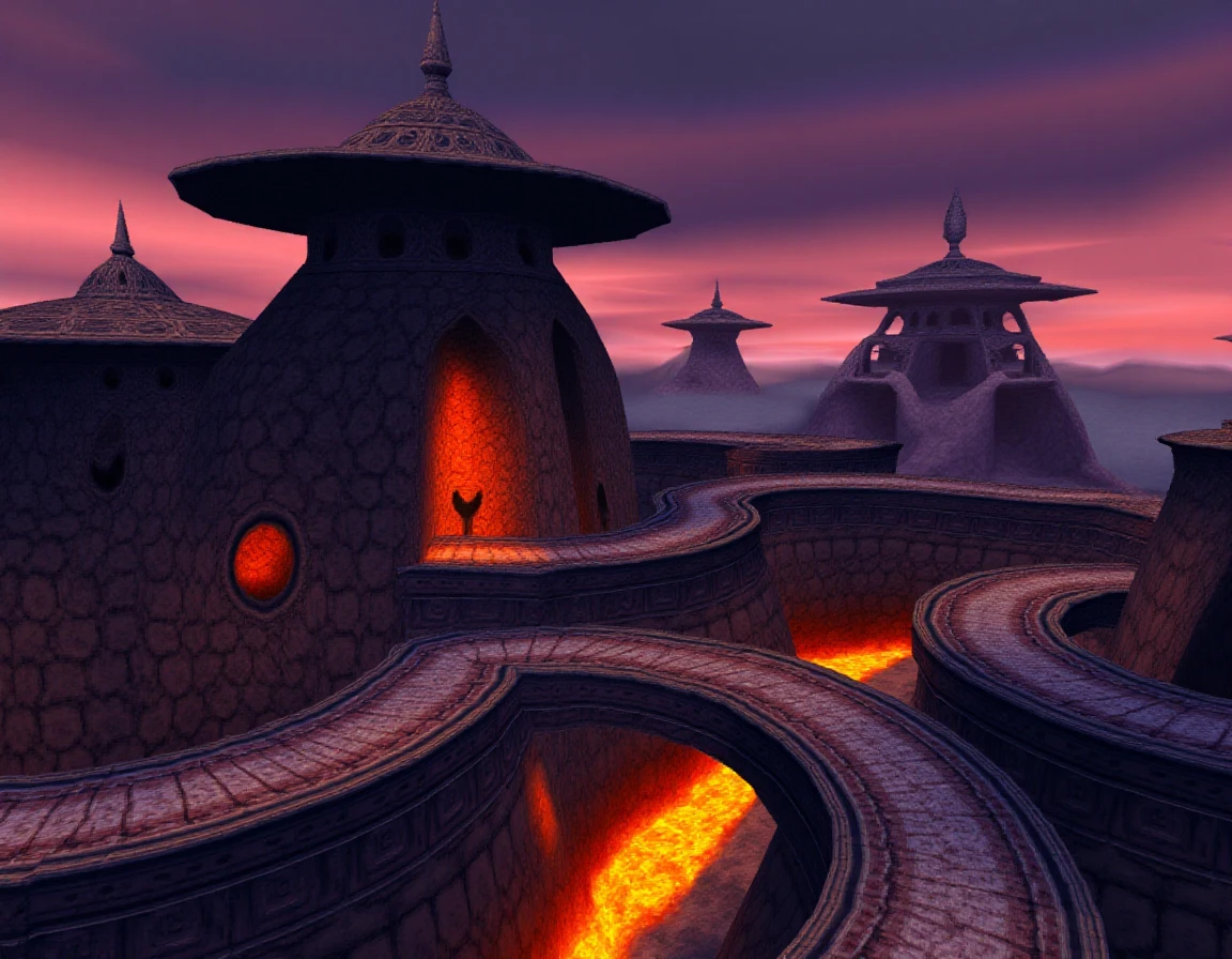 A Spyyyrouuu style world, the name of this world is: Ember Enclave, scenery, outdoors, unique color sky, hills, architecture, lava, trees <lora:Spyro Worlds Flux_epoch_5:2.8>