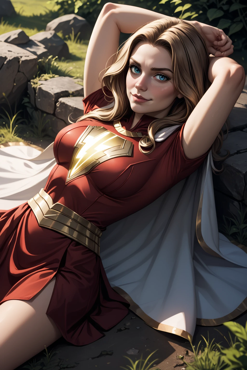 <lora:Mary_Marvel_PDXL_spamb0t:0.8>,DC_Comics_Mary_Marvel BREAK brown hair BREAK red skirt BREAK white cape
BREAK flirty,playful,sultry,seductive,sexually suggestive,lying on back, one leg bent, hands behind head BREAK rear angle view, closeup BREAK flirtatious smile with eyes wide open, looking directly at the camera, lips curved
BREAK high quality,film grain,cinematic lighting,volumetric lighting,modeling shoot BREAK (hyper detail,insanely detailed,best quality,masterpiece,photorealistic:1.3)