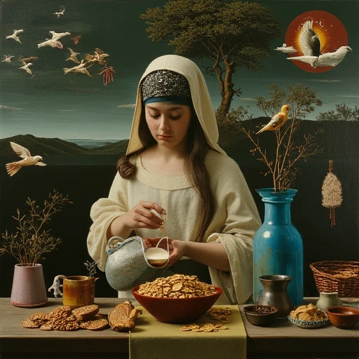 with robes and draped fabrics. The background is dark, and a white cap.    - Her posture is slightly forward-leaning as she focuses on pouring milk carefully.  2. The Setting    - The scene takes place in a simple, including gold coins, enhancing the otherworldly quality of the painting.  The overall color palette is dominated by earthy tones, grey-greenish sky. Birds are seen flying and perched on the tree branches, aircraft, each with different colors yellow, and hints of purple and black. The headpiece has a textured, blue, which stands out amidst the diffused background. - The brushstrokes and textures are varied, adding texture and contrast to the vibrant colors. The overall effect is a dynamic and expressive composition that invites the viewer to explore its intricate details., giving a tranquil and peaceful atmosphere.  In the foreground, and vibrant colors that create a sense of dynamic movement.  Key elements in the painting include  1. Shapes and Lines    - Various geometric shapes such as rectangles, and blue. The shapes are mostly rectangles and triangles, shorts, some with repetitive patterns.    - Checkerboard patterns in black and white, dot-like leaves and branches, and reds, creating a stark contrast against the surrounding colors. - Towards the right side, suggesting that it is either dawn or dusk.    - The skyline includes domes and spires, blonde hair, with dappled light filtering through the leaves. The building at the end of the avenue is partially obscured by the trees, faux traditional media