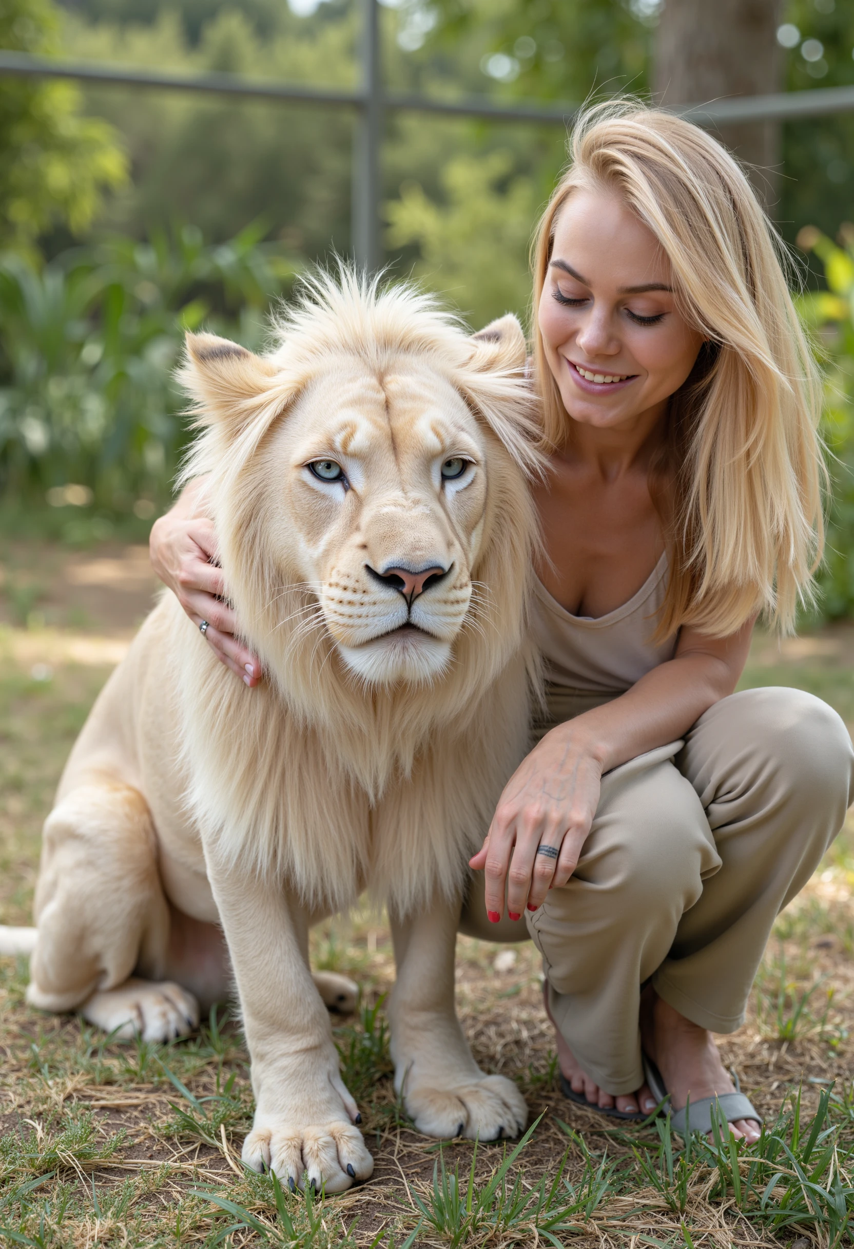 cctv camera footage of a woman p3r5on with blonde hair in casual clothing petting a big white lion     