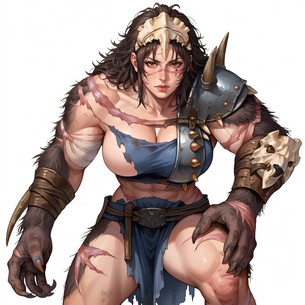 score_9, score_8_up, score_7_up, 2d, watercolour, traditional media, simple background,
SkinWolf, armor, shoulder armor, mature woman, (human), skindentation, voluptuous, curvy, solo, 
looking at viewer, red eyes, messy hair, headdress, claws, body hair, hairy, dirty, scars,
loincloth, bandaged chest, muscular, abs, midriff,
motion lines, expressive, dynamic,
<lora:SkinWolf_PonyXL:1>