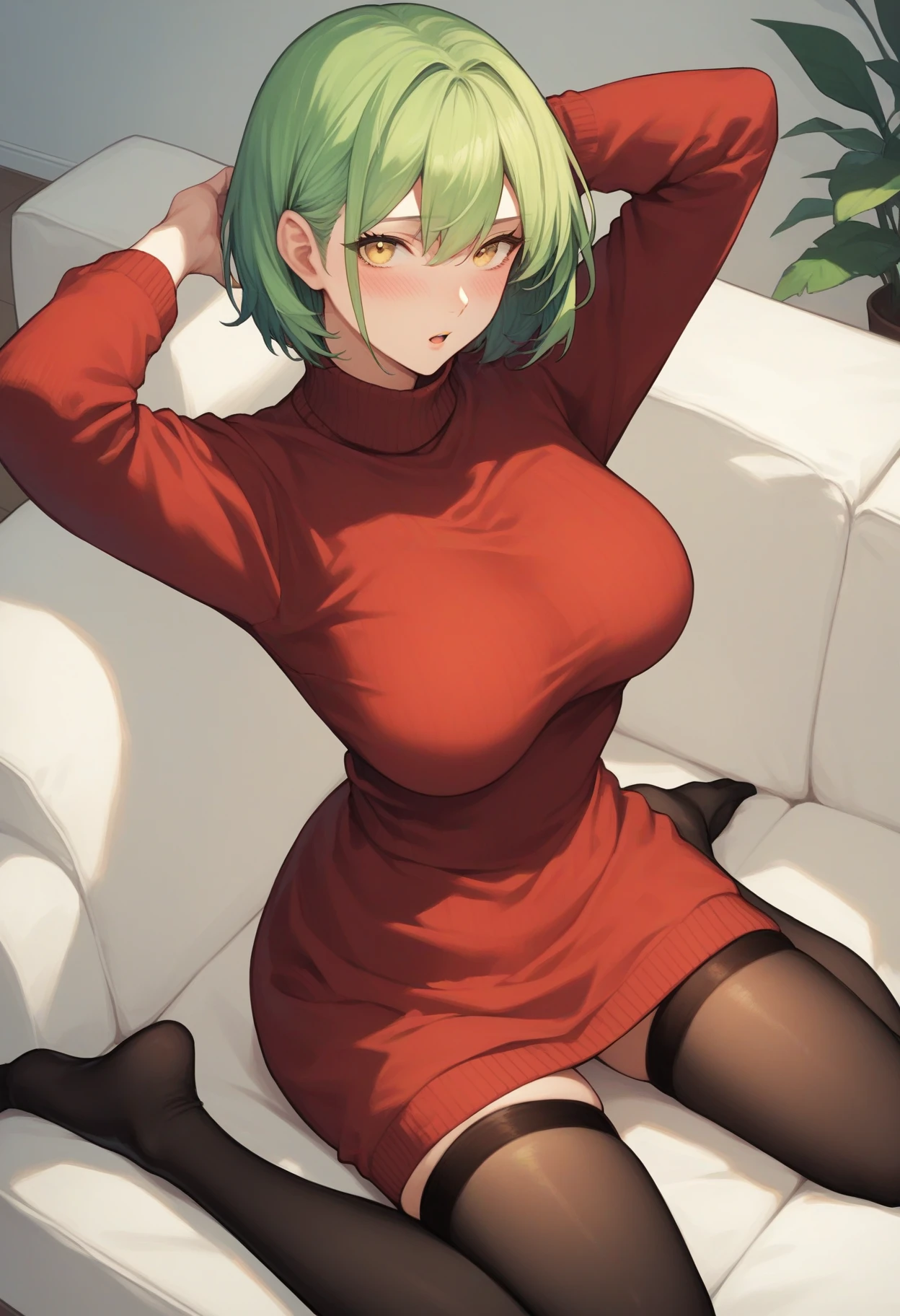 score_9, score_8_up, score_7_up, score_6_up, source_anime, 1girl, solo, green hair, short hair, yellow eyes, red sweater, turtleneck, sweater dress, black thighhighs, skindentation, large breasts, kneeling, arms behind head, chestnut mouth, blush, looking at you, indoors, couch