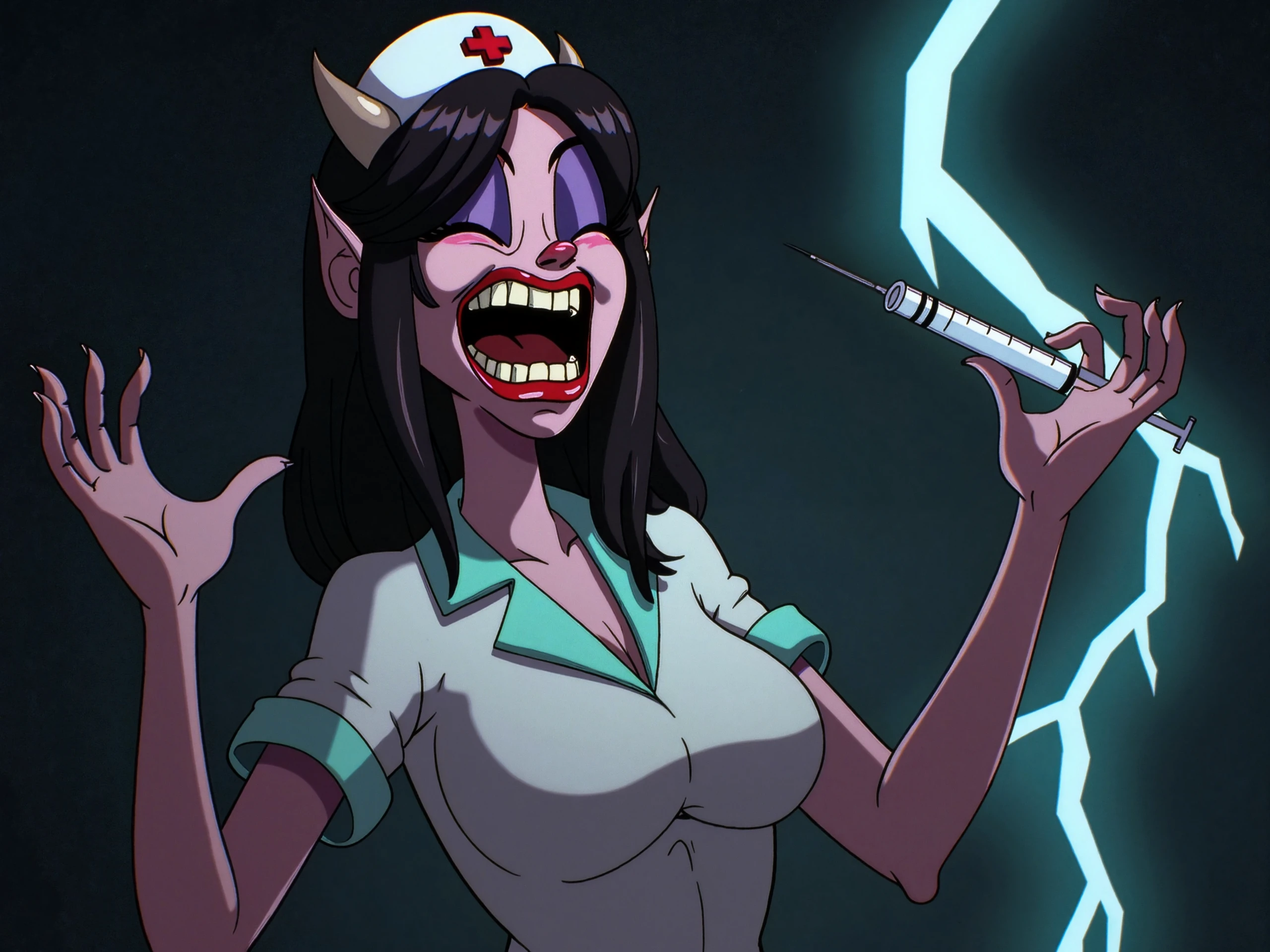 RU883R style, A sexy devil nurse is laughing mannically, in the background there is lightning. She is holding a syringe. She has a very toothy sinister smile and the overall mood is sinister.