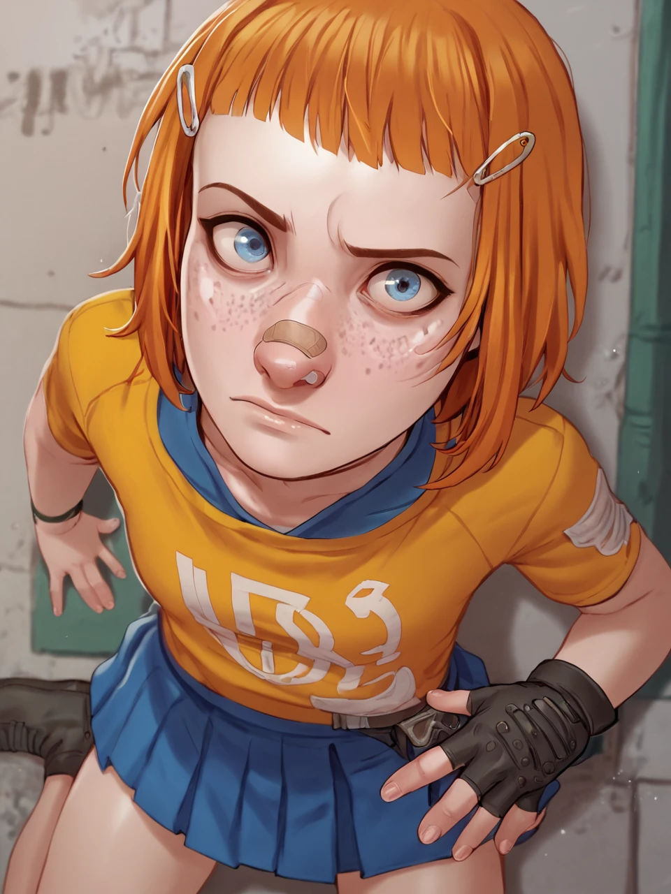 score_9, score_8_up, score_7_up,  score_6_up, BREAK, Vaultgirl, short hair, blue eyes, orange hair, hair ornament, hairclip, fingerless gloves, freckles, white t-shirt, skirt, looking at viewer, bandaid, bandaid on nose  <lora:Vaultgirl:1>