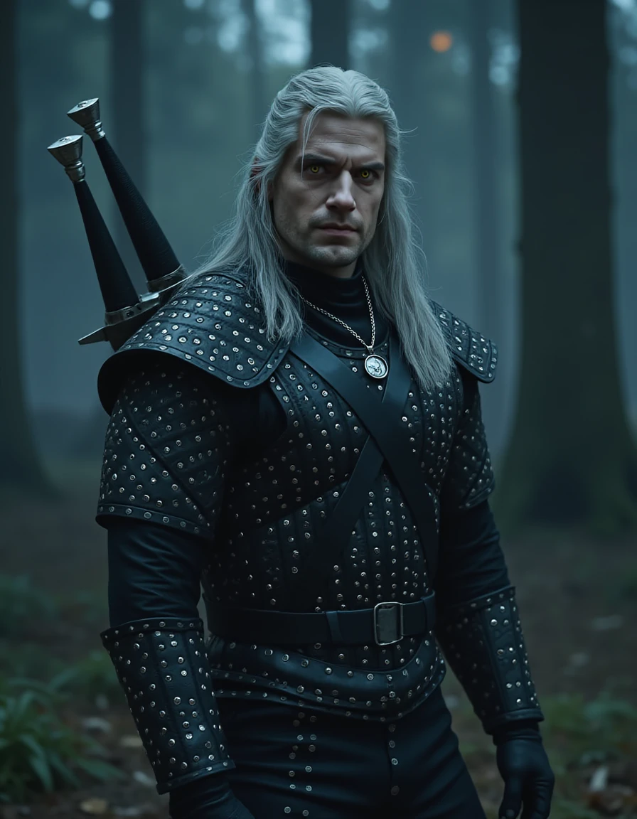 Geralt of Rivia, the legendary Witcher, standing in a dark, misty forest. He has long, white hair flowing down to his shoulders, piercing yellow eyes with cat-like pupils, and a rugged face marked with battle scars. Heâs wearing his signature black leather armor adorned with silver studs, with a weathered steel sword strapped to his back and a silver sword hanging at his side. His posture is battle-ready, with one hand resting on the hilt of his sword. The background is filled with dense trees and faint, eerie lights, creating a tense and mysterious atmosphere. The scene has a gritty, realistic style with dramatic lighting highlighting the scarred and weathered look of Geralt's face, capturing the dark fantasy vibe of The Witcher universe <lora:Henry_Cavill_g3ral7:0.9> g3ral7