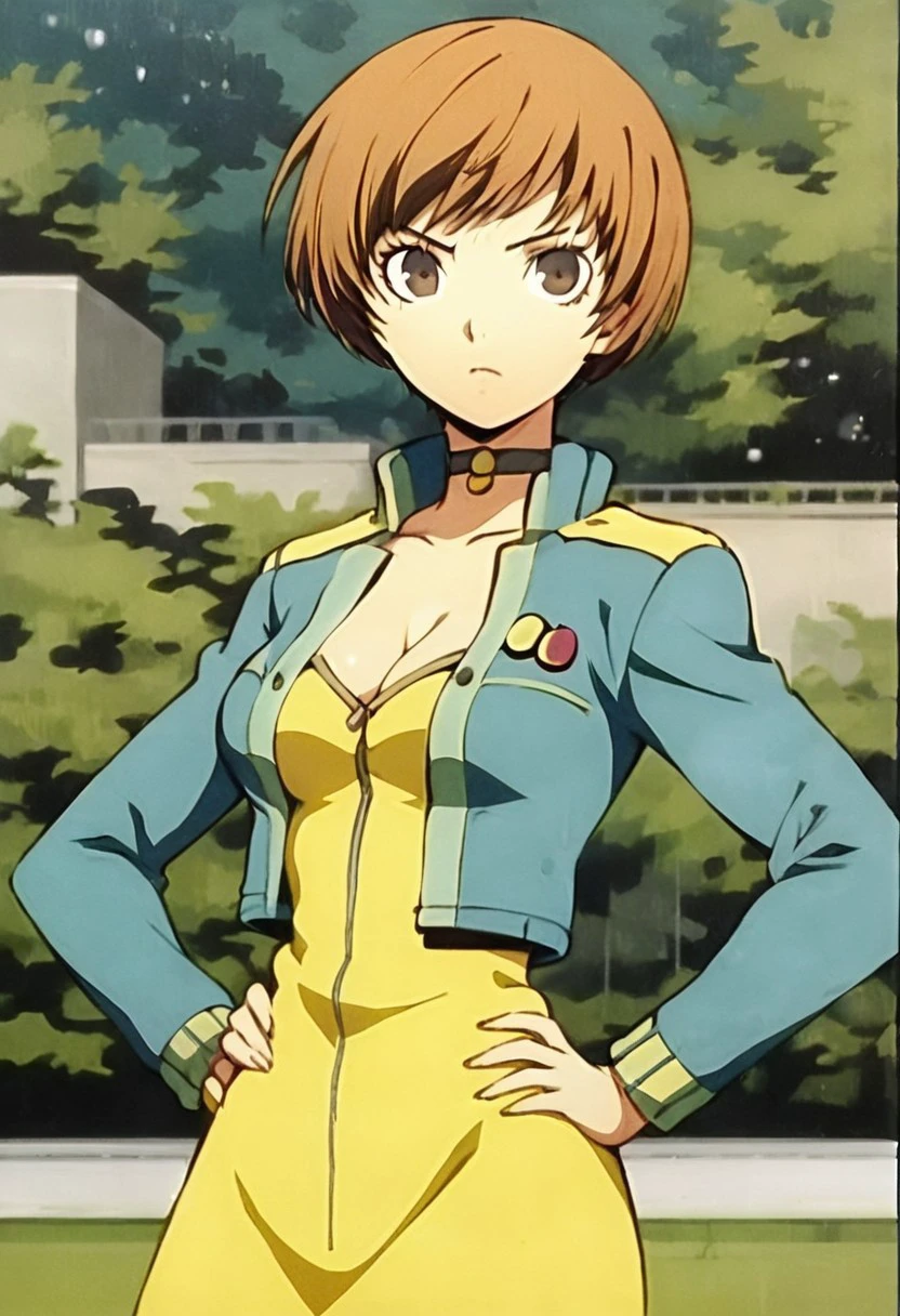 Satonaka Chie, 1girl, solo, breasts, short hair, brown hair, yellow dress, cleavage, brown eyes, medium breasts, light blue jacket, choker, hand on hip, blue cropped jacket, chie timeskip