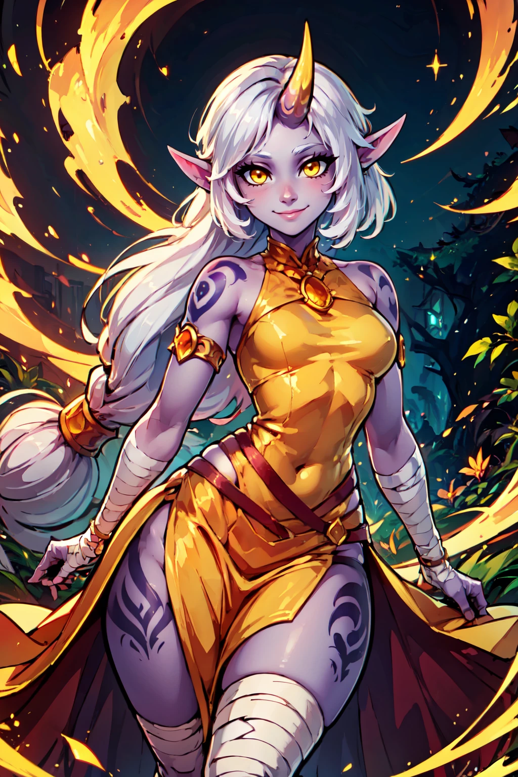 ((masterpiece,best quality)), absurdres,  BREAK, , <lora:Soraka_Leagueoflegends_v2:0.7>,  zzSoraka,  purple skin, white hair, long low-tied hair, sidelocks, yellow eyes, pointy ears, single horn, full-body tattoo, bare shoulder, yellow jewel, red cropped top, yellow dress, armlet, bandaged arm, bandaged leg, goat hooves, magical aura, ethereal forest, glowing lights, moonlit night, mystical theme, dynamic pose, elegant stance,  <lora:SorakaLoLXLv2 - by KillerUwU13_AI:0.8>,  BREAK,  smile, looking at viewer, , BREAK, hip to the side, hand on hip, contrapposto,, BREAK, solo, smile, looking at viewer, cowboy shot,