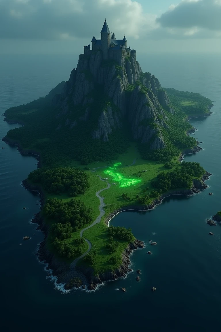 4seasonaerial, main color scheme is black and it is a horror themed island. A dark castle sits on top of a mountain, with the ground glowing in greens amidst the dark grass. The island is surrounded by black water