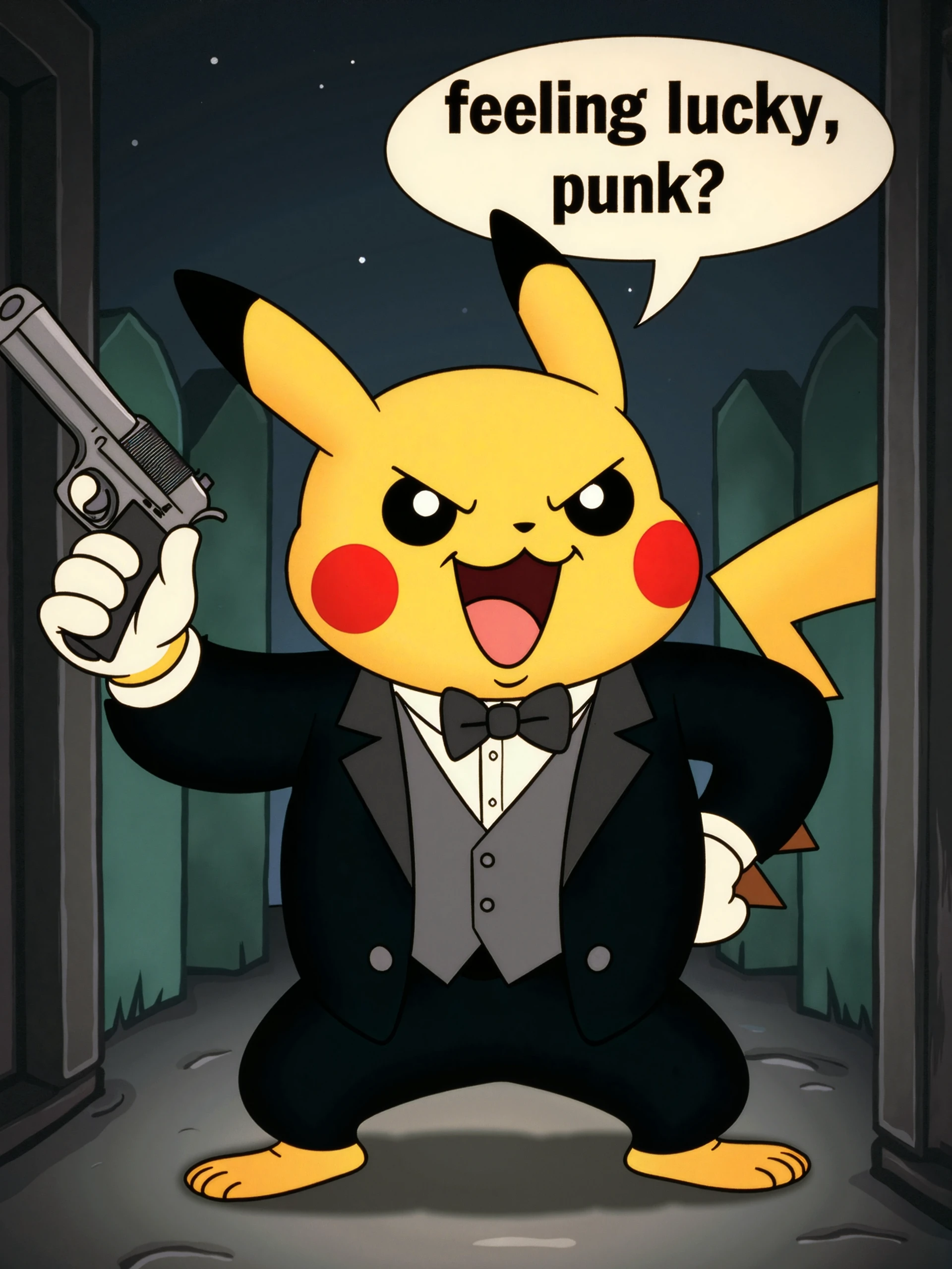 RU883R style, A debonair pikachu is wearing a three piece business suit standing in an alleyway at night. He is holding a pistol and aiming it directly at the camera. There is a speech balloon that reads, "feeling lucky, punk?". Vintage 1920s cartoon. He has a very toothy sinister grin and the overall mood is sinister. He is wearing white gloves.