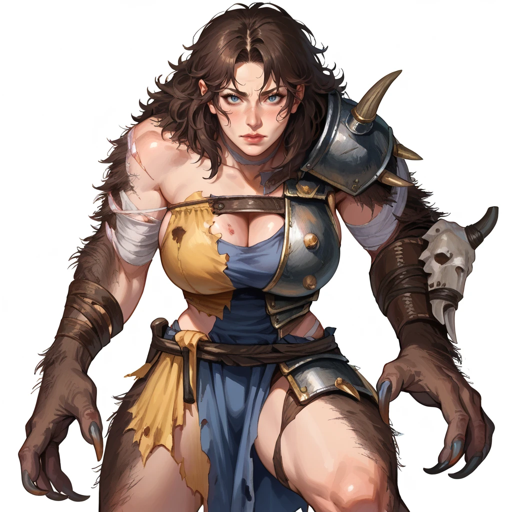 score_9, score_8_up, score_7_up, 2d, watercolour, traditional media, simple background,
SkinWolf, armor, shoulder armor, mature woman, (human), skindentation, voluptuous, curvy, solo, 
looking at viewer, slit pupils, messy hair, claws, body hair, hairy,
loincloth, bandaged chest,
motion lines, expressive, dynamic,
<lora:SkinWolf_PonyXL:1>