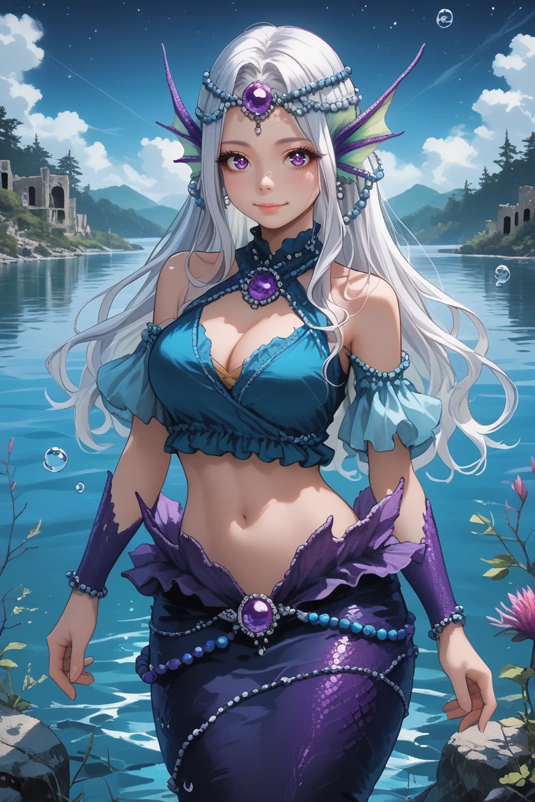 score_9, score_8_up, score_7_up, score_6_up, source anime, BREAK,<lora:Emelone:0.6> , emdef, 1girl, (mermaid), monster girl, purple eyes, long hair, white hair, head fins, fin, cleavage, navel, midriff, blue top, yellow chest wrap, purple scales, jewelry, beads, pearl (gemstone), (full body), exterior, lake, bubble eyes, looking at viewer, smile, closed mouth, serene, large breasts, <lora:zy_Detailed_Backgrounds_v1:0.4> , detailed background, highly detailed, exterior, lake, paradise, water city, night, night sky, stars, ruins,   <lora:m4gXLP:0.6> , m4g,