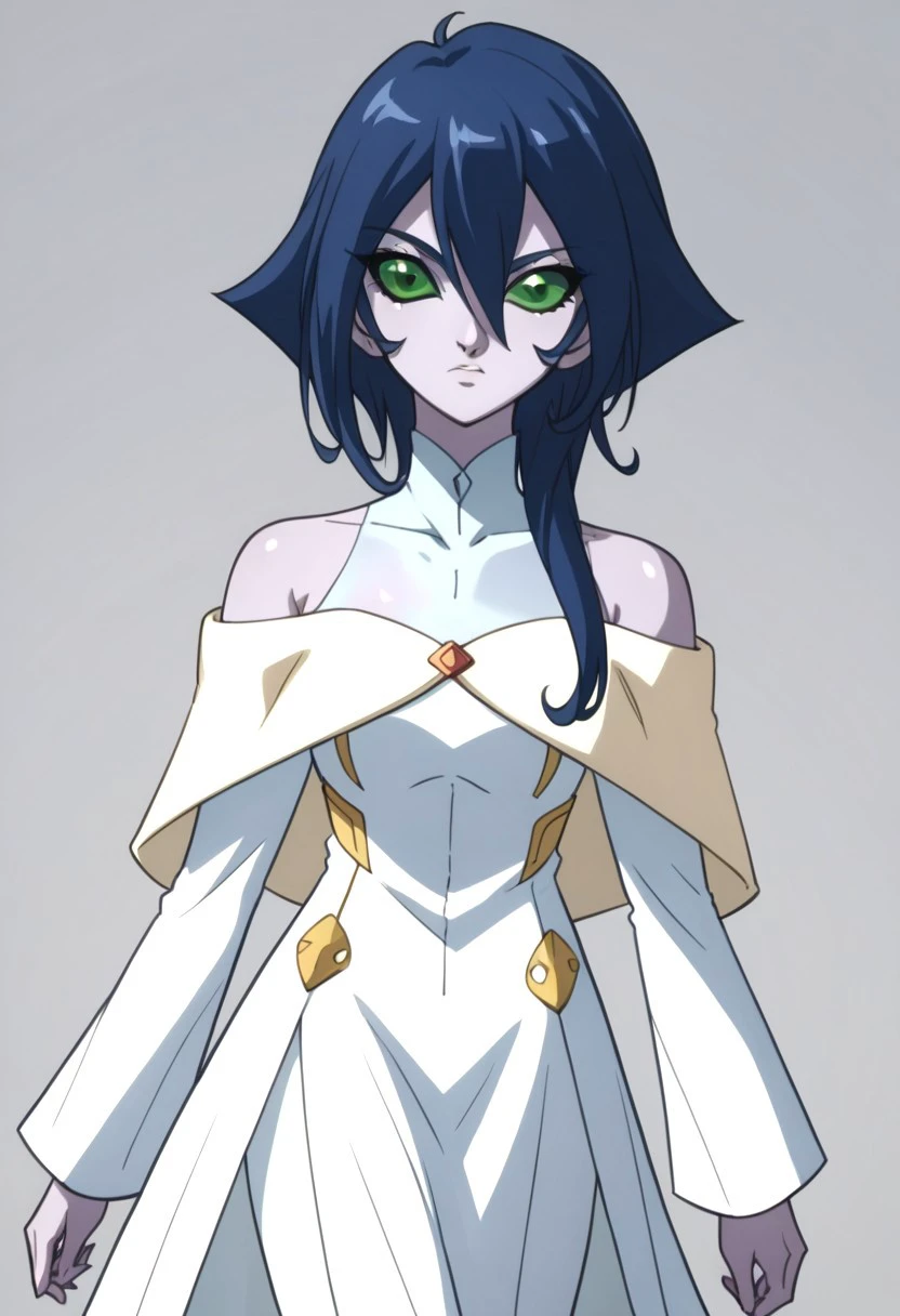 score 9, score 8 up, score 7 up,bakugan, bakugan gundalian invaders, fabia sheen /(neathian/), solo, blue hair, green eyes, dress, colored skin, colored sclera, blue skin, bare shoulders, black sclera, white dress, long sleeves, hair between eyes, off shoulder