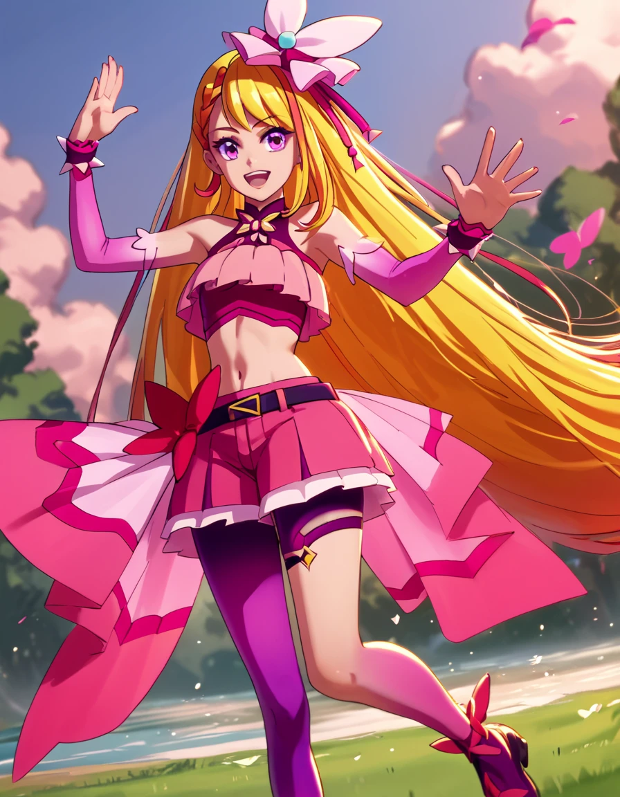 CureButterfly, very long hair, blonde hair, purple eyes, midriff, magical girl,  <lora:SoaringSkyPrettyCure:1>, score_9, score_8_up, score_7_up, score_6_up, score_5_up, score_4_up, source_anime,  , dynamic pose, outside, happy