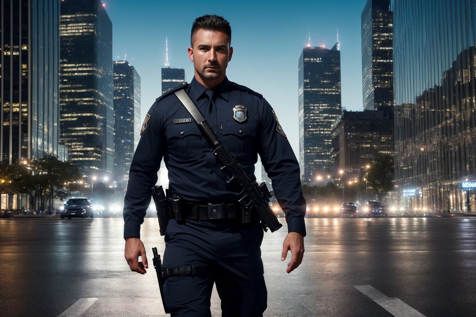 (8k, RAW photo, highest quality, best quality, masterpiece,ultra-realistic, ultra-detailed, hires, full-length man, sharp focus:1.2), (photorealistic, hyper-realistic:1.37) policeman, dark, evil, fear, city