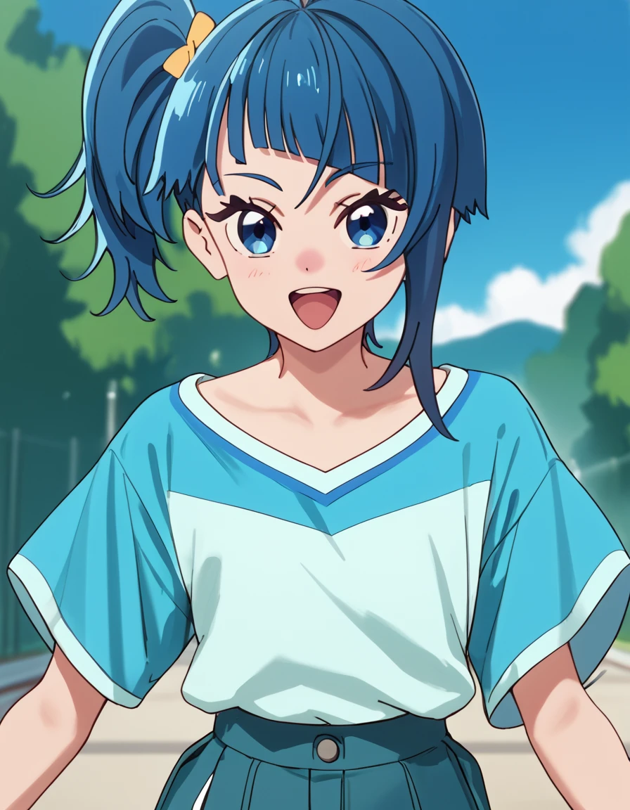 Sora, short hair, bangs, blue eyes, blue hair, side ponytail,  <lora:SoaringSkyPrettyCure:1>, score_9, score_8_up, score_7_up, score_6_up, score_5_up, score_4_up, source_anime,  , dynamic pose, outside, happy