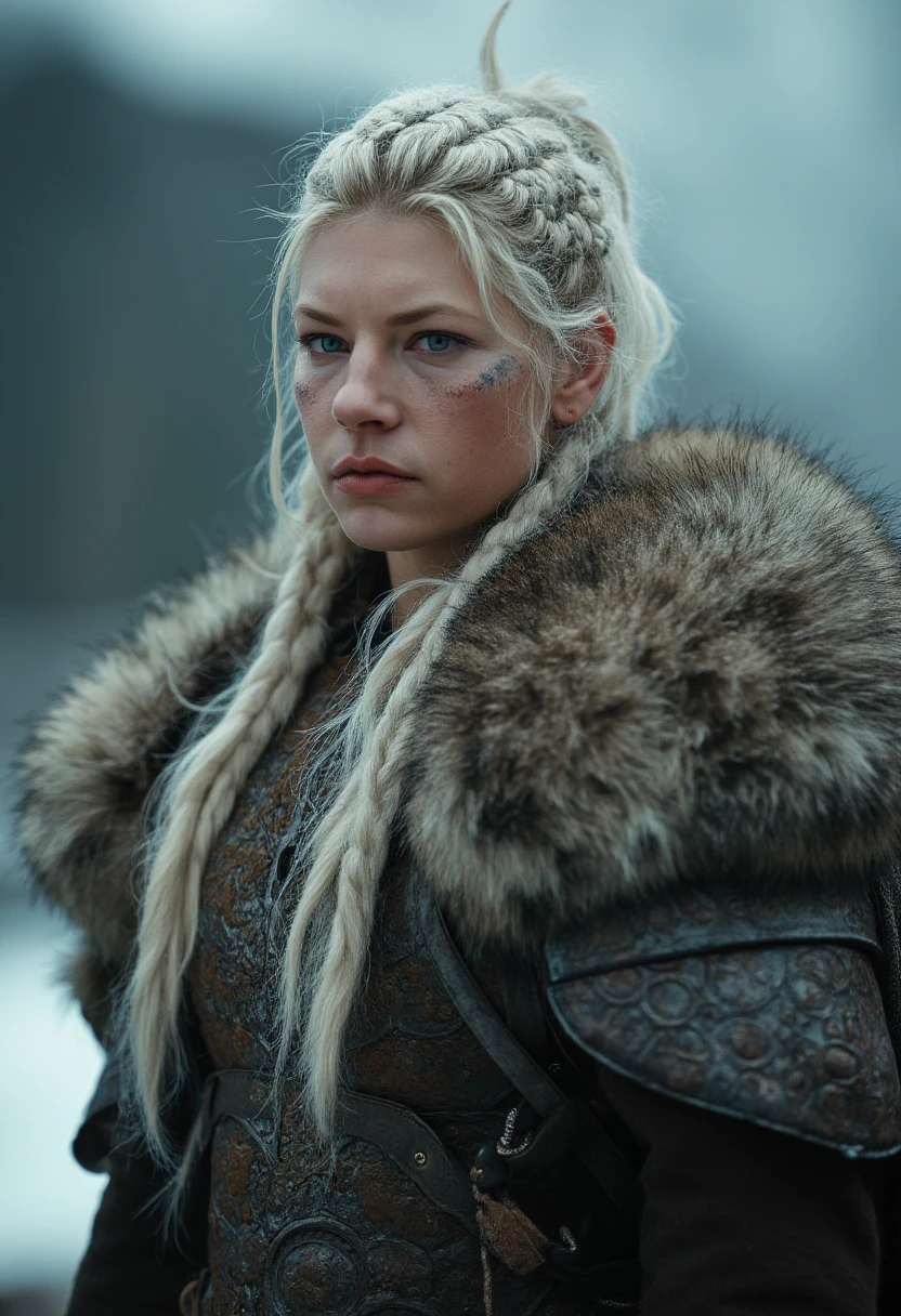 A professional, highly detailed, full-body portrait of Katheryn Winnick as a fierce female Viking warrior, captured in stunning resolution. She has white hair, partially braided with intricate patterns, and her expression is intense and determined. Her face is adorned with subtle battle scars and war paint, adding to her warrior look. She wears a traditional yet ornate Viking armor with fur accents, featuring detailed engravings and leather straps. The lighting is dramatic, highlighting the texture of her hair and armor, while the background is a misty Nordic landscape that enhances the epic atmosphere.