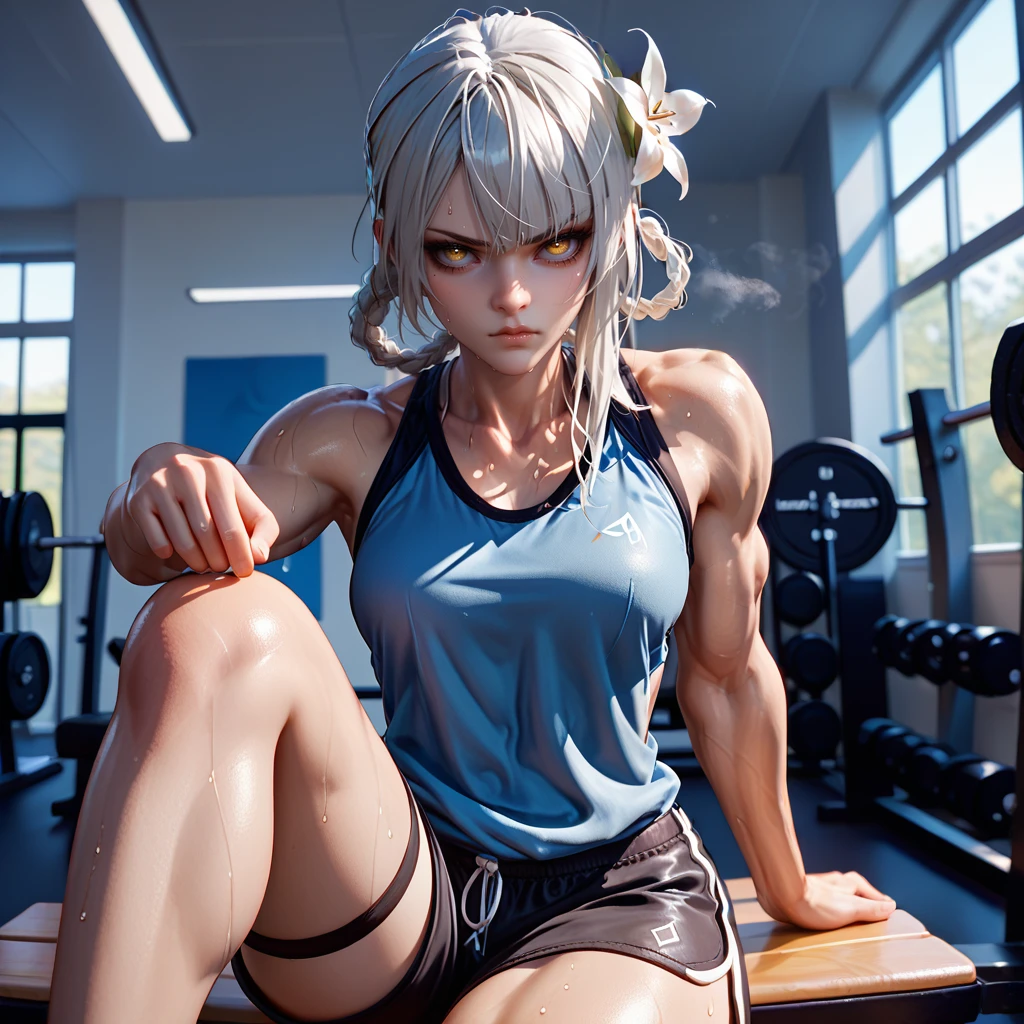 1girl,solo,<lora:epoch-000015:1>,nier-kaine,white hair,single hair ring,asymmetrical hair,hair flower,yellow eyes,gym shirt, gym shorts, 
indoors,gym,
sitting on gym bench, heavy breathing, sweat, sweatdrop, muscular female, looking at viewer, pout, angry, arm support,, score_9, score_8_up, score_7_up, perfect anatomy, source_anime, zPDXL2,