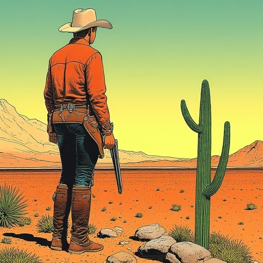 Moebiusstyle, desert landscape, cowboy with gun in holster looking at a cactus