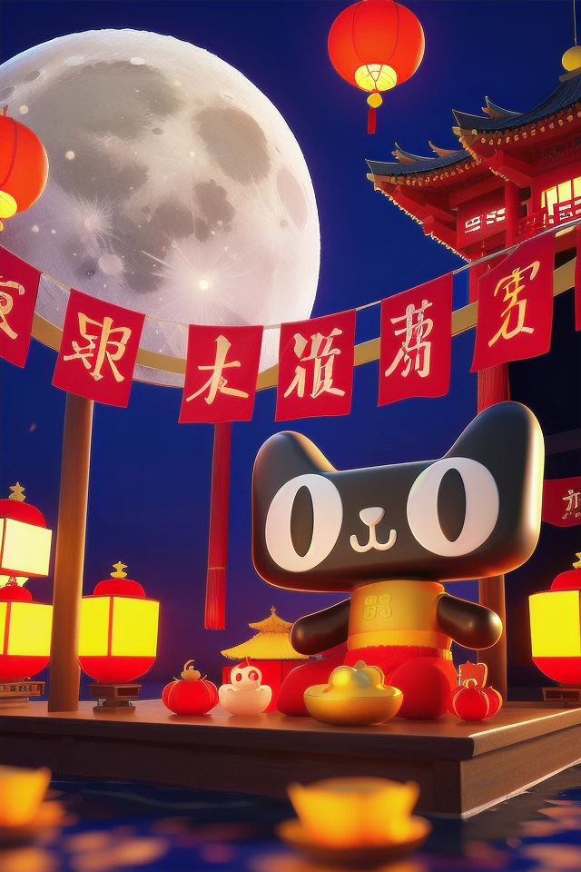 tianmao0623,black cat,masterpiece,best quality,Rich details,C4D modeling,octane render,Wear Chinese festival atmosphere,big moon,at night,sitting on a boat,crabs,fruits,mooncakes,smiling eyes,Chinese buildings,white clouds,sky lanterns,<lora:ali0721-000009:1>,