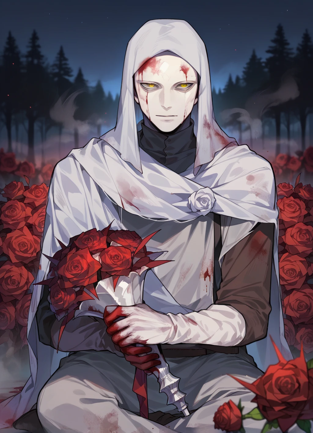 score_9, score_8_up, score_7_up, source_anime, 1boy, sitting, night, forest, blurred background, (fog:1.2),blood,red rose, bouquet, solo,holding, white-faced_varre, mask, hood, yellow eyes, <lora:white-faced_varre:0.8>