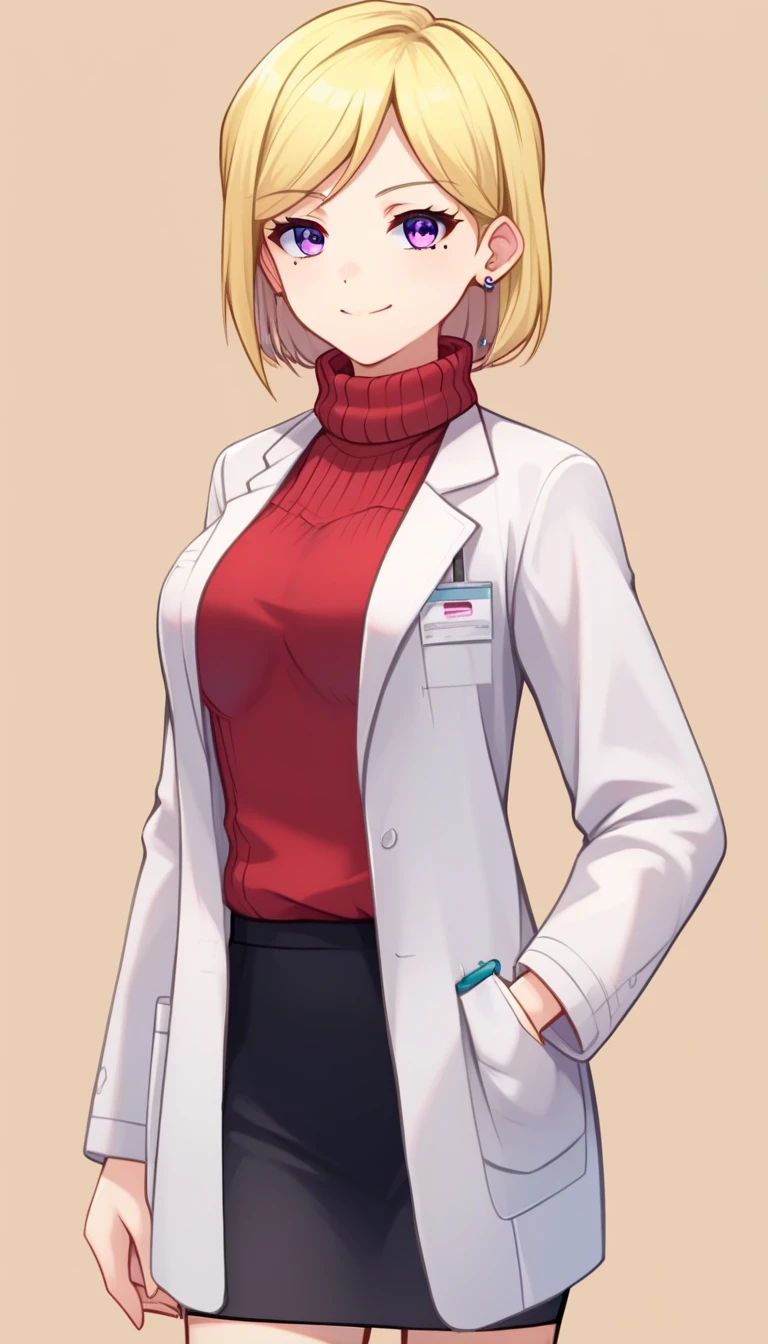 embedding:zPDXL2 ,source_anime,rating safe,looking at viewer,Yukari, 1girl, solo, lab coat, purple eyes,blonde hair, smile, sweater,red sweater, mole, mole under eye, medium breasts,turtleneck,stud earrings,pencil skirt,cowboy_shot, 
