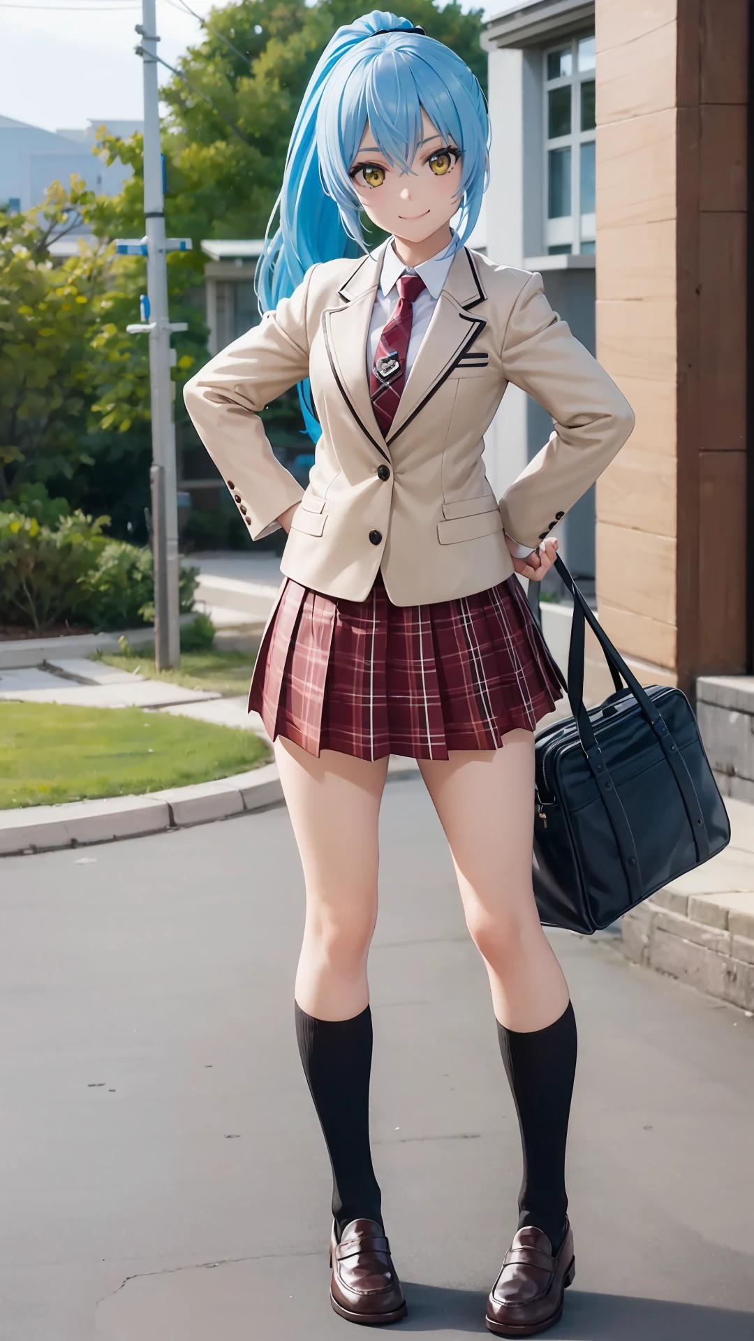 (masterpiece, best quality),ray tracing,absurdres, HDR,rimuru tempest, campus, skirt, 1girl,large breats,blue hair, school uniform, plaid skirt, necktie, long hair, smile, plaid, yellow eyes, bag, jacket, hand on hip, pleated skirt, full body, socks, ponytail, shoes, standing, blazer, looking at viewer, solo,, hair between eyes, loafers, school bag, red necktie, shirt, bangs, brown footwear, kneehighs, black socks, red skirt, white shirt, collared shirt, closed mouth, holding, long sleeves, miniskirt, <lora:rimuru campus:0.7>