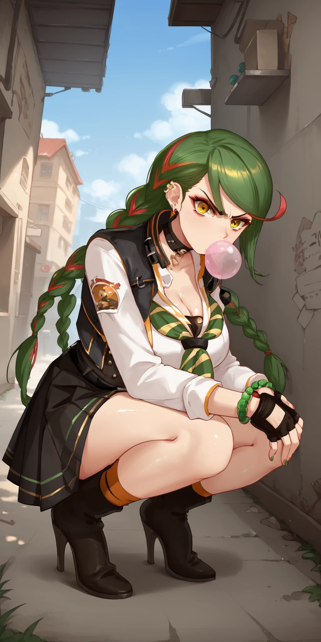 score_9, score_8_up, score_7_up, 1girl, mature female, shiny skin, <lora:Expressive_H:0.8>, <lora:Tiffany:0.8>,tiffany, green hair, yellow eyes, quad braids, streaked hair, red streaks, multiple earrings, black skirt, high heel boots, breasts, bubble blowing, chewing gum, cleavage, fingerless gloves, full body,black jacket, long sleeves, looking at viewer, pleated skirt, white shirt, solo, squatting, black belt, black collar, orange socks, nail polish, bracelet, striped necktie, undone necktie, black corset, upset, angry,alley, outdoors, hands on own knees,