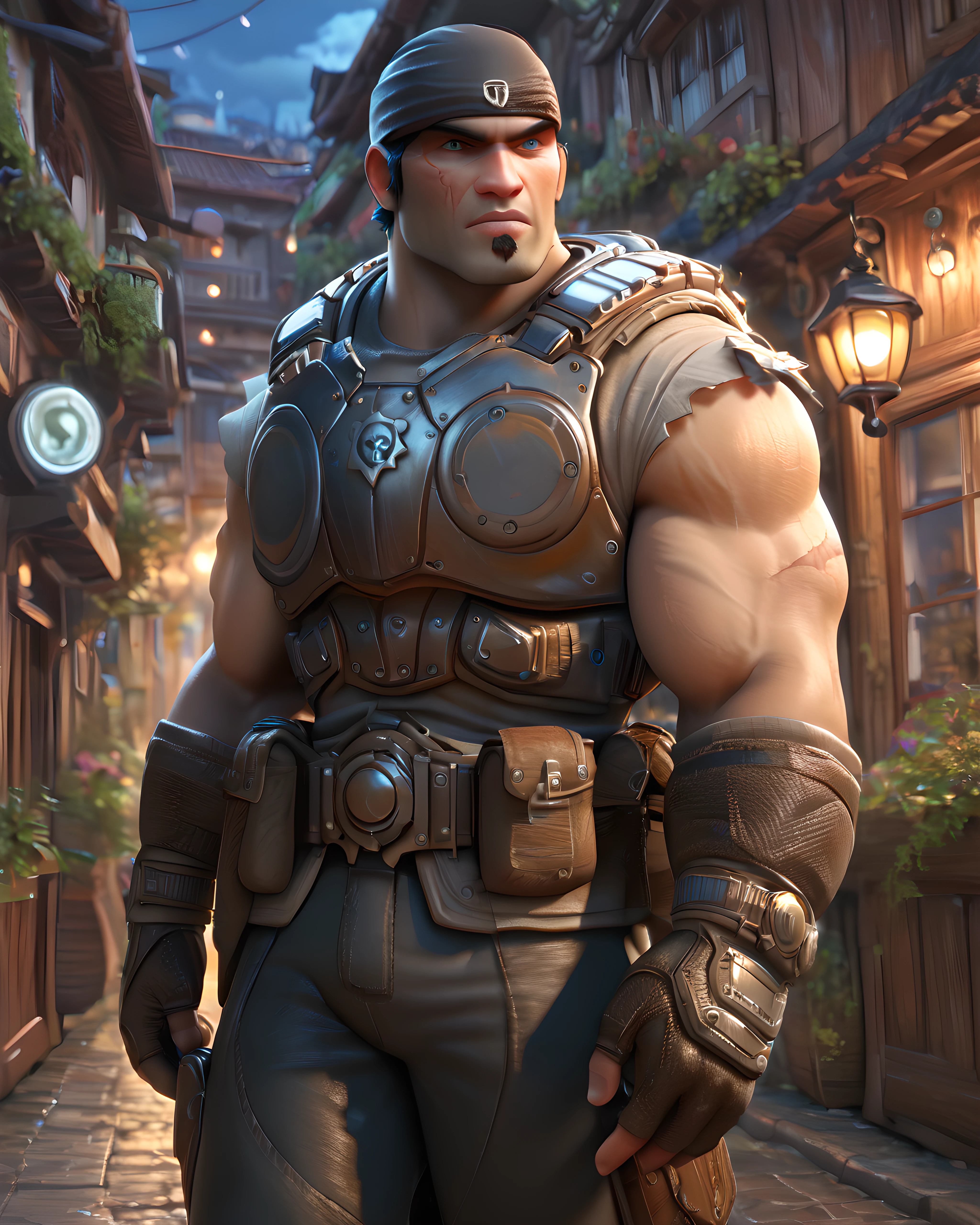 <lora:Marcus_Fenix_PonyXL-10(2):0.95> og_marcus_fenix, bandana, sleeveless armor, long pants, town, night, outdoor, (muscular), scar, cowboy shot, goatee, looking at viewer, blue eyes, black short hair, belt, score_9, score_8_up, score_7_up,