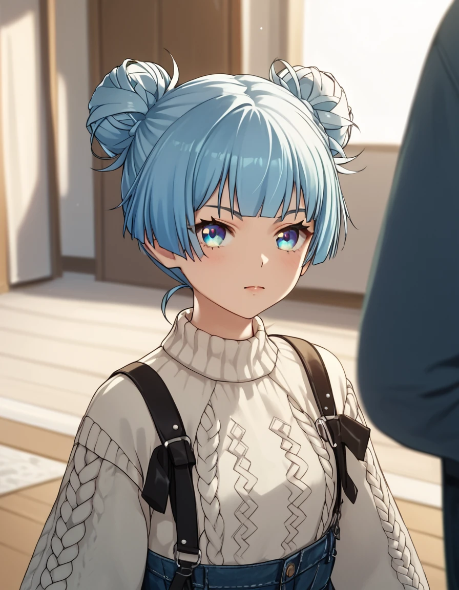 <lora:XilingJiyuan:1>,  score_9, score_8_up, score_7_up, score_6_up, score_5_up, score_4_up, source_anime,  , dynamic pose,  Pexi, short hair, bangs, blue eyes, blue hair,  double bun, sweater,