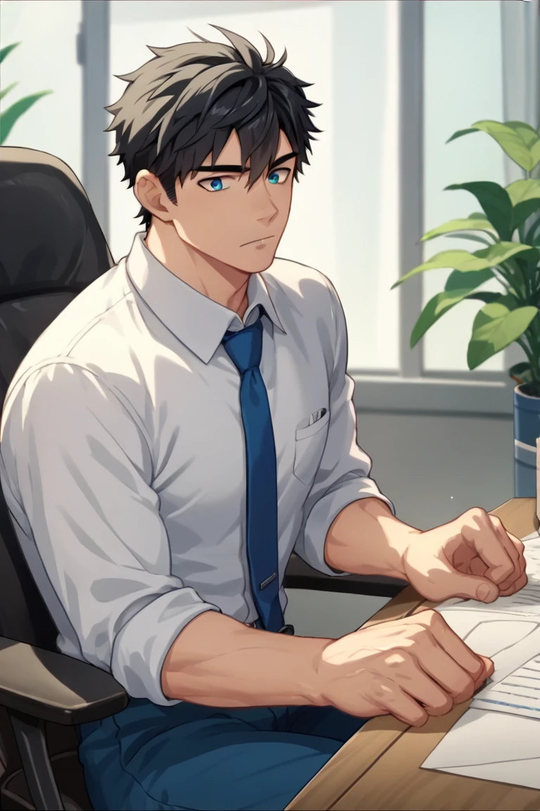 score_9, score_8_up, score_7_up, score_6_up,source_anime anime screencap, anime coloring, 1boy, solo, male focus, muscular, black hair, blue eyes, sitting over chair, office, blue suit, blue pants, blue tie, white shirt <lora:TomokiNakamoto:1>