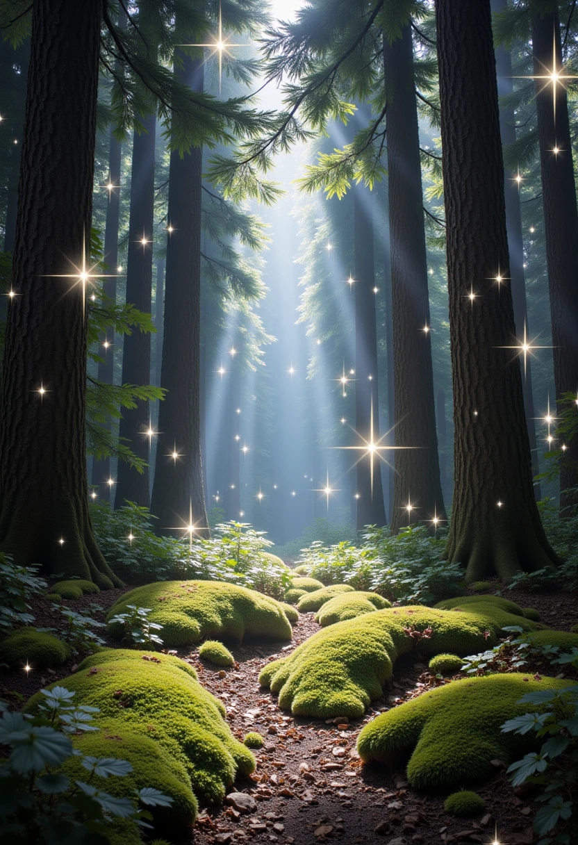 a magical forest glade surrounded by sparkling effect