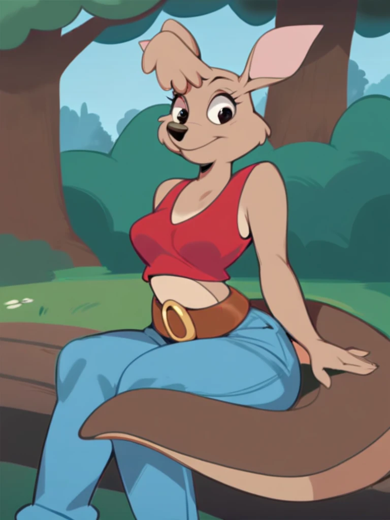 score_9, score_8_up, score_7_up, score_6_up, score_5_up, score_4_up, source_furry, Matilda_Roo, 1girl, solo, red crop top, midriff, jeans, bell-bottoms, belt, park, tree, detailed eyes, detailed face, <lora:matilda_roo-v1:1>